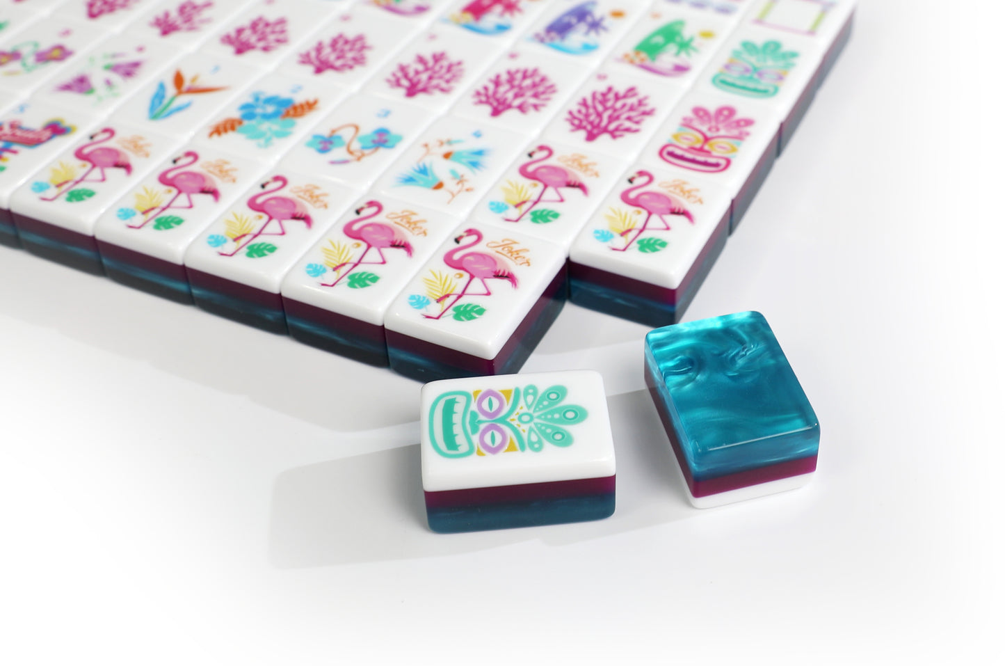 Tropical Flamingo American Mahjong Set 160 Tiles, 3-Layer Turquoise Marbled Resin Mah Jongg with Hawaiian Tiki, Seahorse & Coral Custom Illustrated Tiles