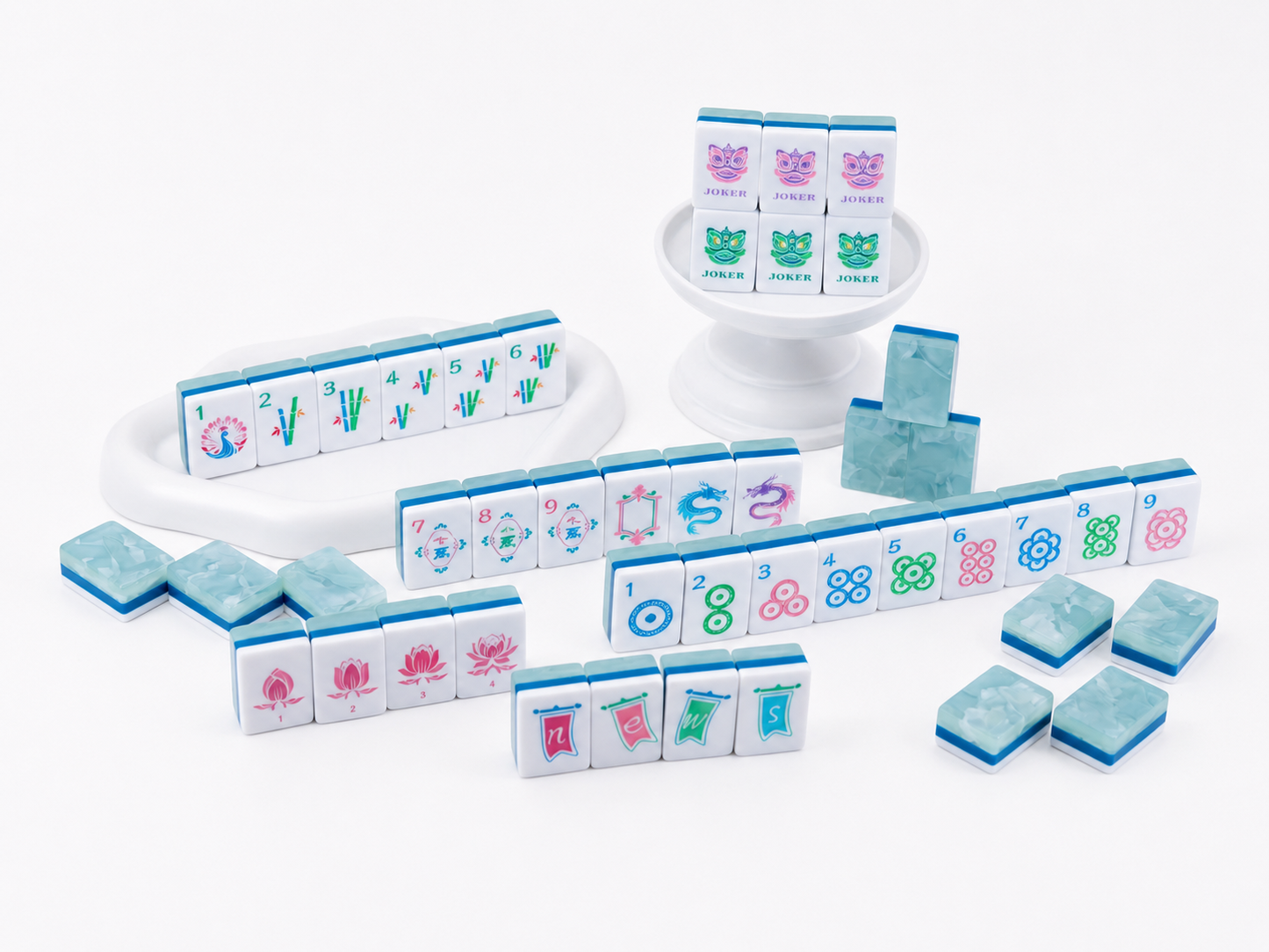 Chinese Dragon Mint Green American Mahjong Set 160 Tiles, 3-Layer Pearl Swirl Acrylic Mah Jongg with Peacock, Lotus & Traditional Face Joker Tiles