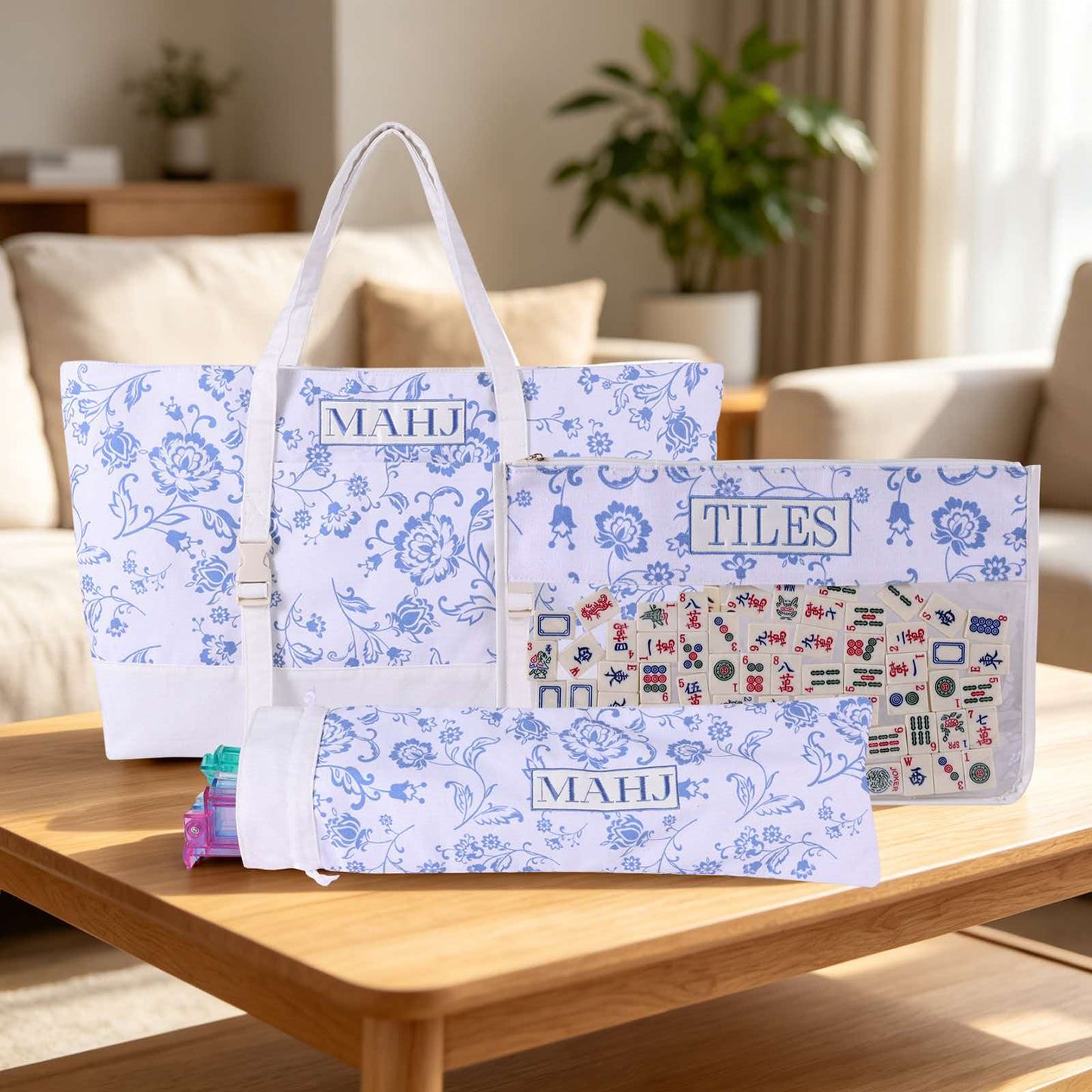 Fashion 3-Piece American Mahjong Bag Set | Large Canvas Mahjong Tote with External Mat Buckle Strap, Clear Tile Storage Pouch & Racks Holder Bag, Multi Trendy Colors, Portable Mahjong Travel Kit