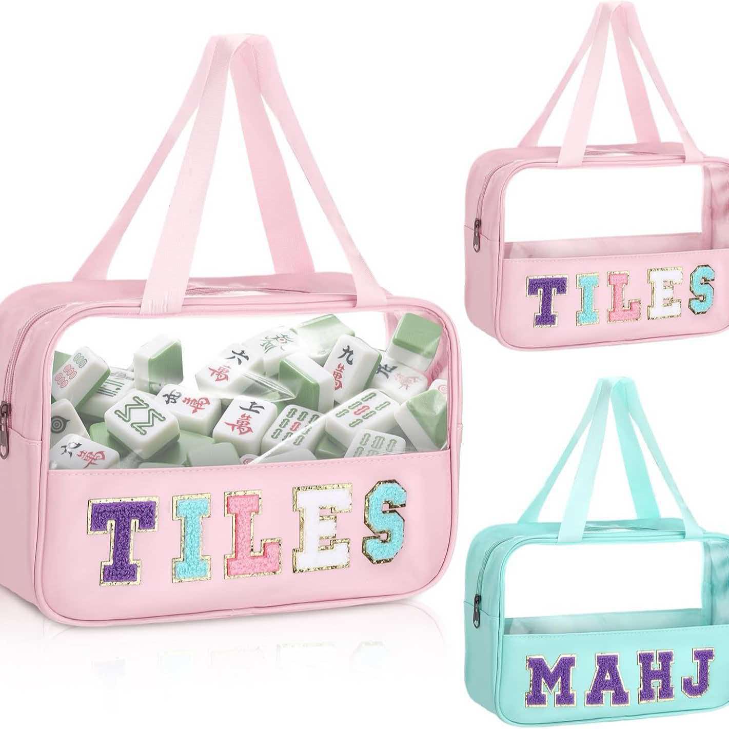 Cute Preppy Mahjong Tiles Bag, Waterproof Clear Top Mah Jongg Carry Tote, Portable American Mahjong Set Storage Case, Perfect Gift for Mahjong Players
