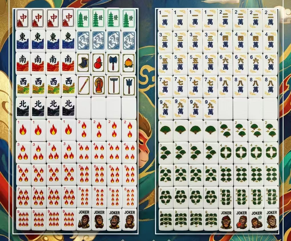 Collector’s Original Journey to the West American Mahjong Set 32mm 4-Layer Apple Green Tiles, Monkey King Wukong Custom Design Mahjong Gift for Mahjong Lovers