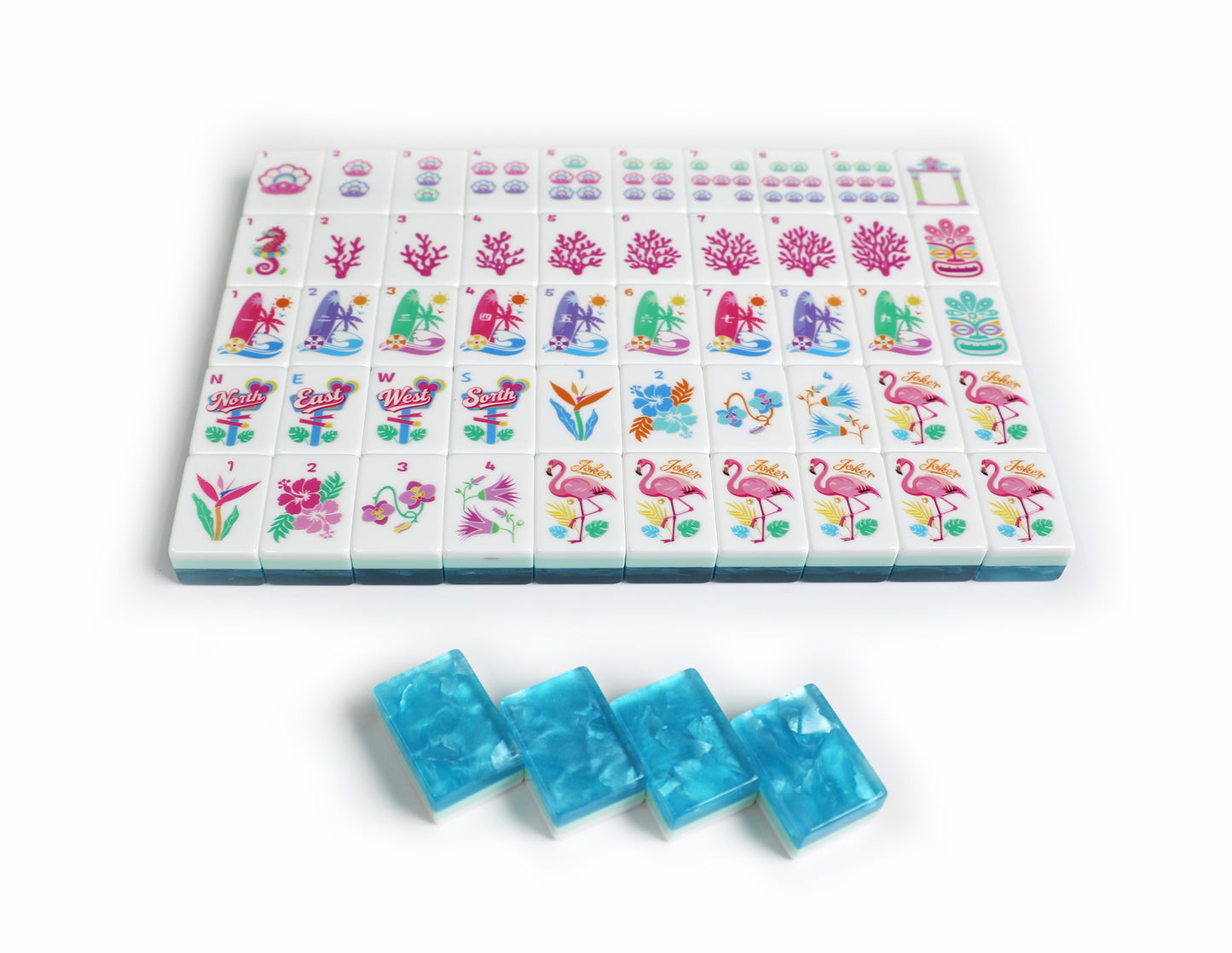 New Original Tropical Hawaiian American Mahjong Set 160 Pieces 32mm Blue Swirl Resin Mahjong Tiles, Flamingo Ocean Beach Pattern Mah Jongg Game Set for Indoor Gathering