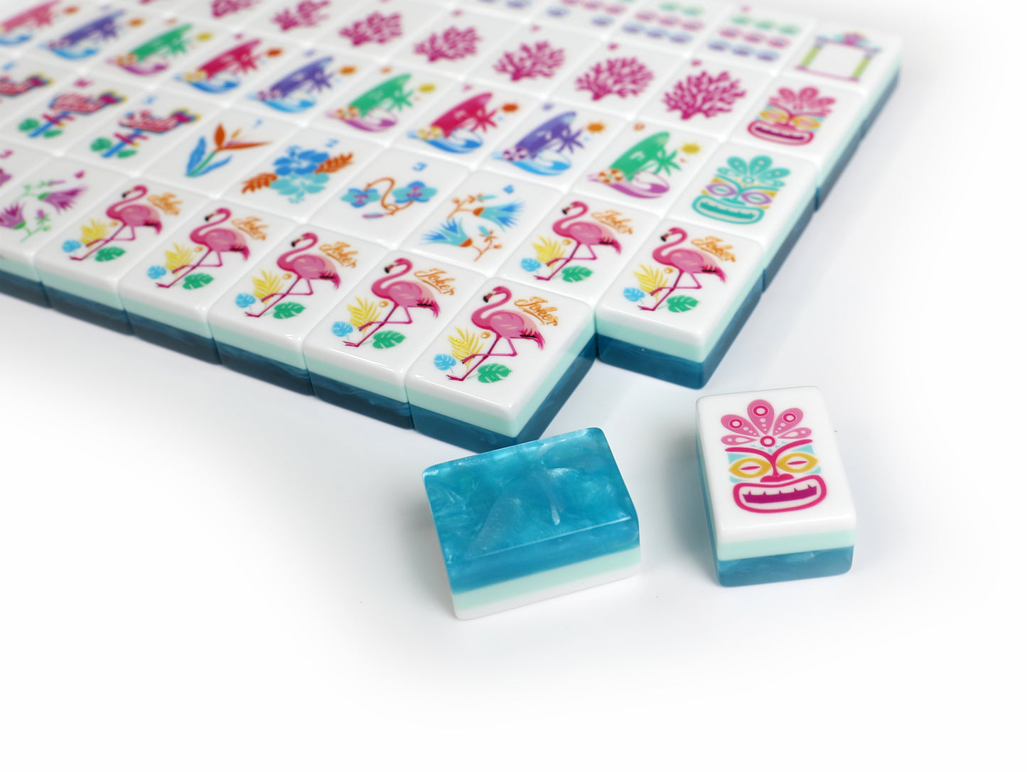 New Original Tropical Hawaiian American Mahjong Set 160 Pieces 32mm Blue Swirl Resin Mahjong Tiles, Flamingo Ocean Beach Pattern Mah Jongg Game Set for Indoor Gathering