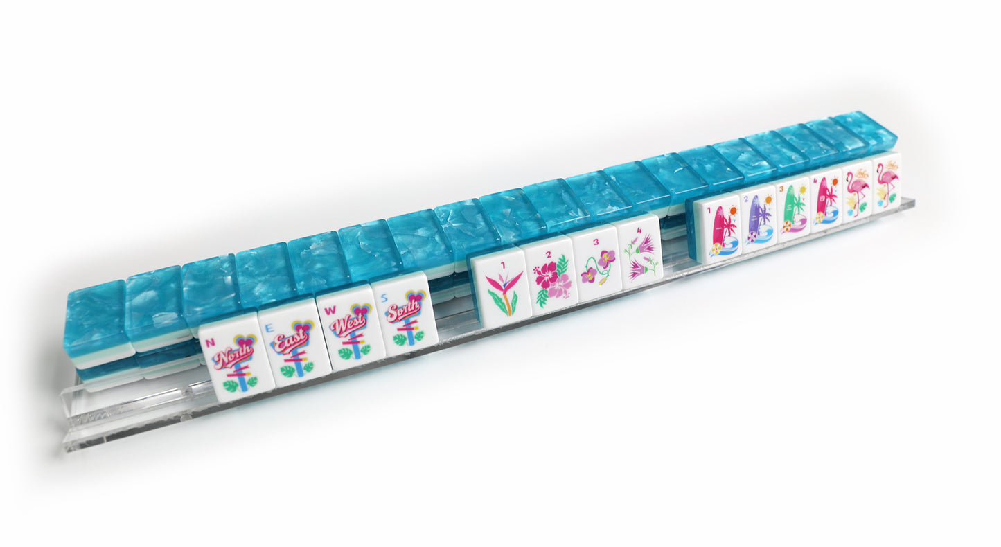 New Original Tropical Hawaiian American Mahjong Set 160 Pieces 32mm Blue Swirl Resin Mahjong Tiles, Flamingo Ocean Beach Pattern Mah Jongg Game Set for Indoor Gathering