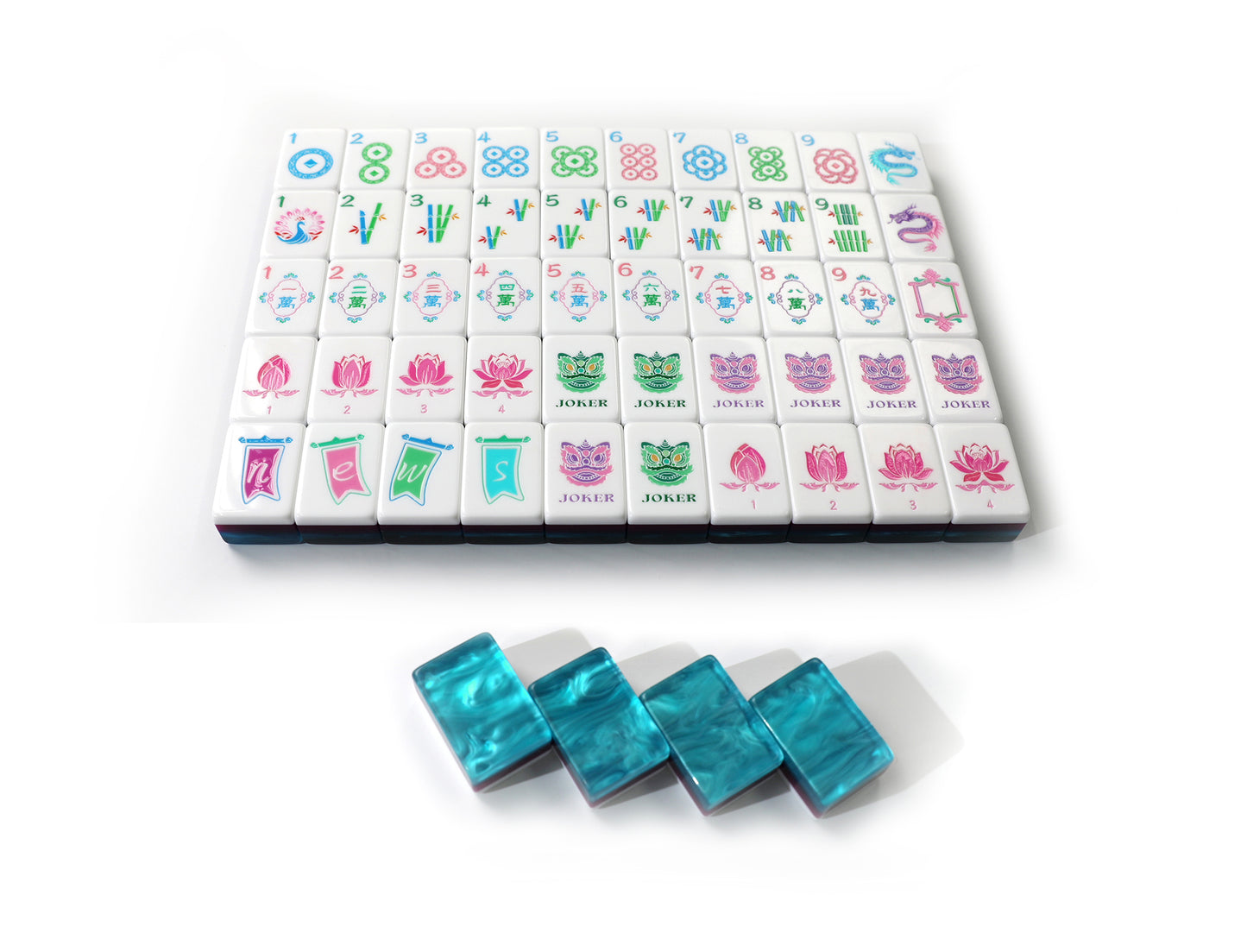 Original Custom Illustrated American Mahjong Set, 160 Tiles Luxury 3-Layer Aqua Swirl Resin Mah Jongg with Dragon, Peacock & Lotus Art Pattern