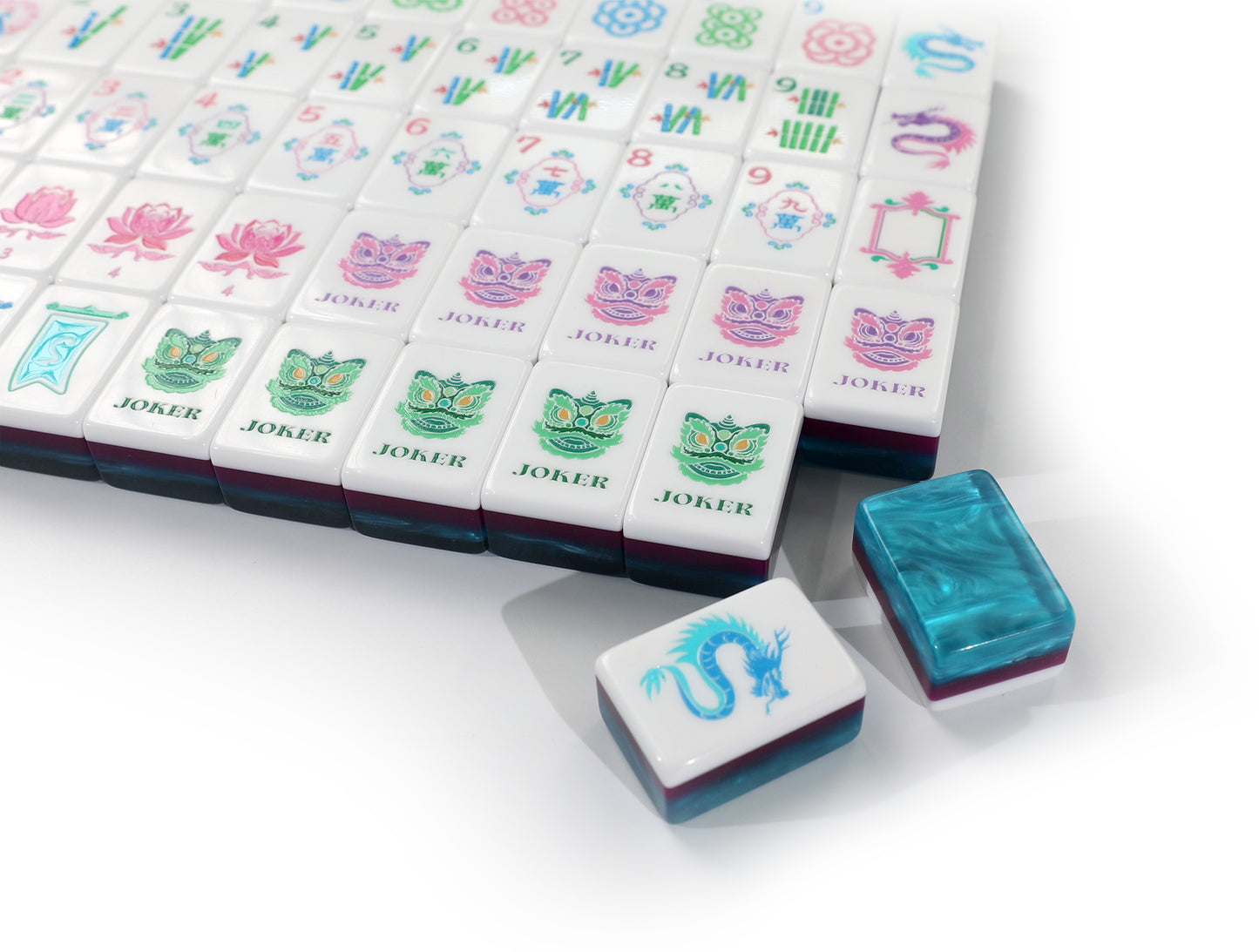 Original Custom Illustrated American Mahjong Set, 160 Tiles Luxury 3-Layer Aqua Swirl Resin Mah Jongg with Dragon, Peacock & Lotus Art Pattern