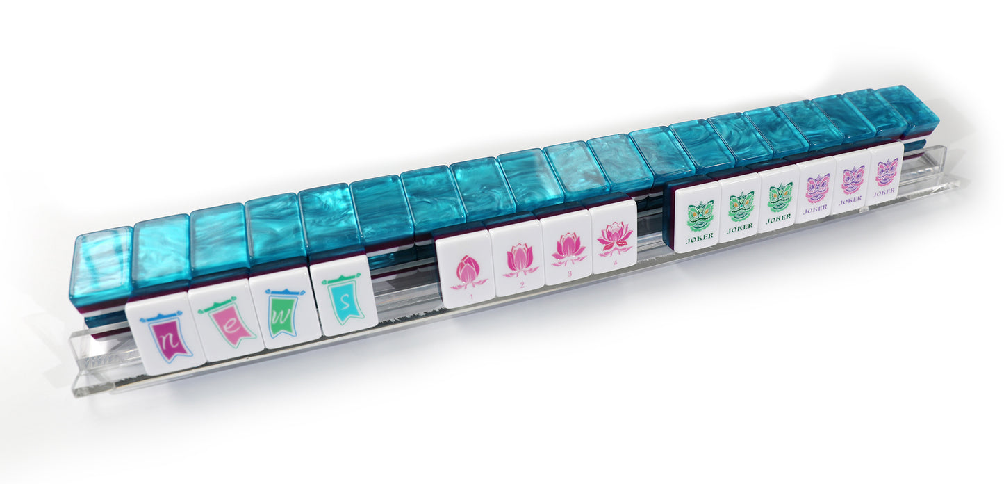 Original Custom Illustrated American Mahjong Set, 160 Tiles Luxury 3-Layer Aqua Swirl Resin Mah Jongg with Dragon, Peacock & Lotus Art Pattern