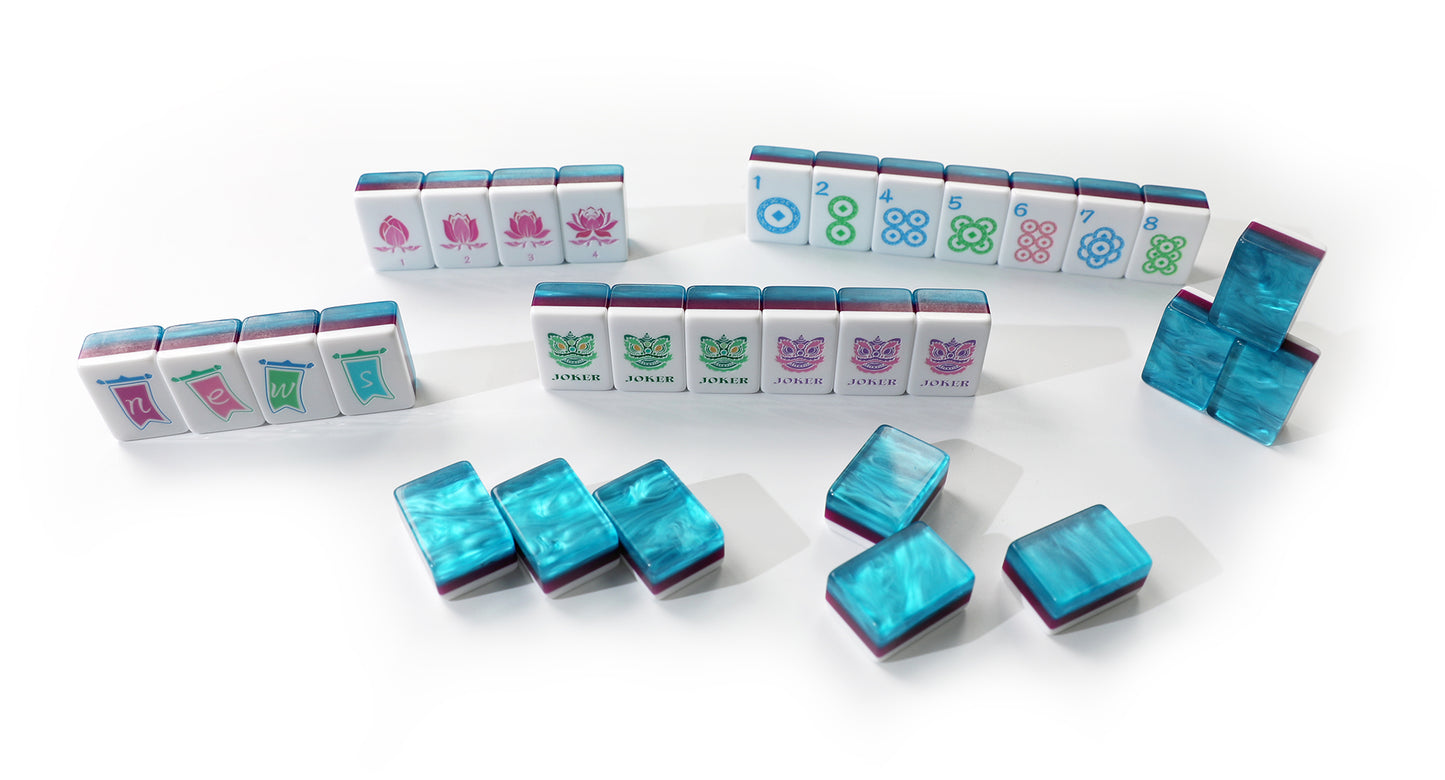 Original Custom Illustrated American Mahjong Set, 160 Tiles Luxury 3-Layer Aqua Swirl Resin Mah Jongg with Dragon, Peacock & Lotus Art Pattern
