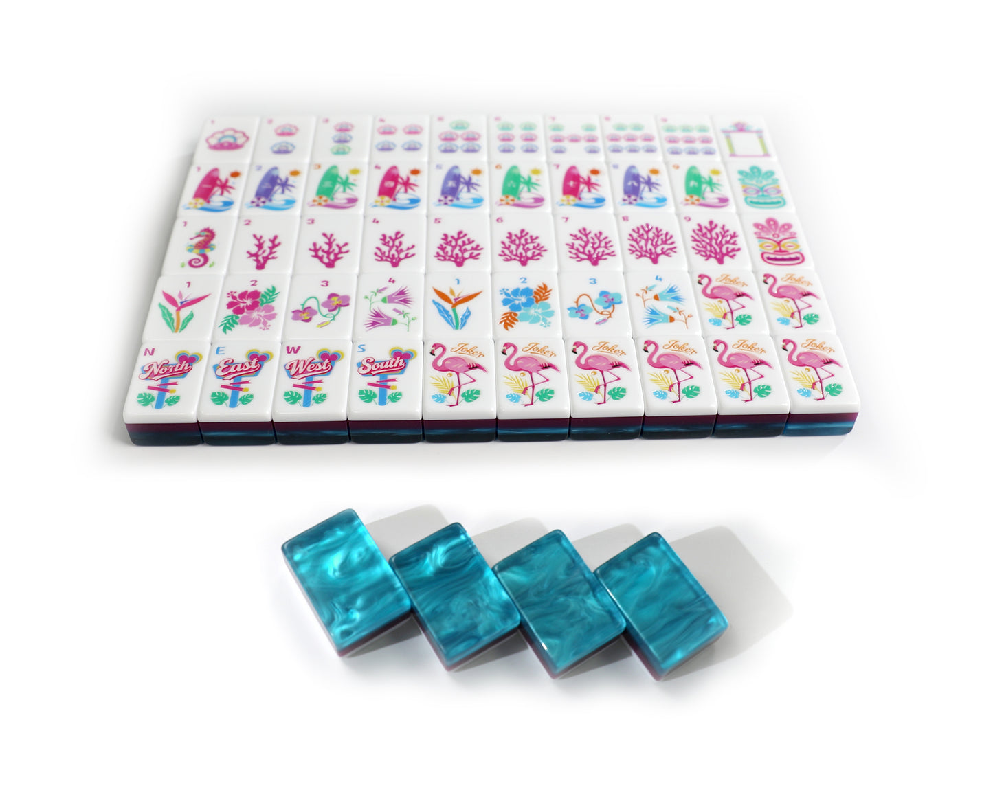 Tropical Flamingo American Mahjong Set 160 Tiles, 3-Layer Turquoise Marbled Resin Mah Jongg with Hawaiian Tiki, Seahorse & Coral Custom Illustrated Tiles