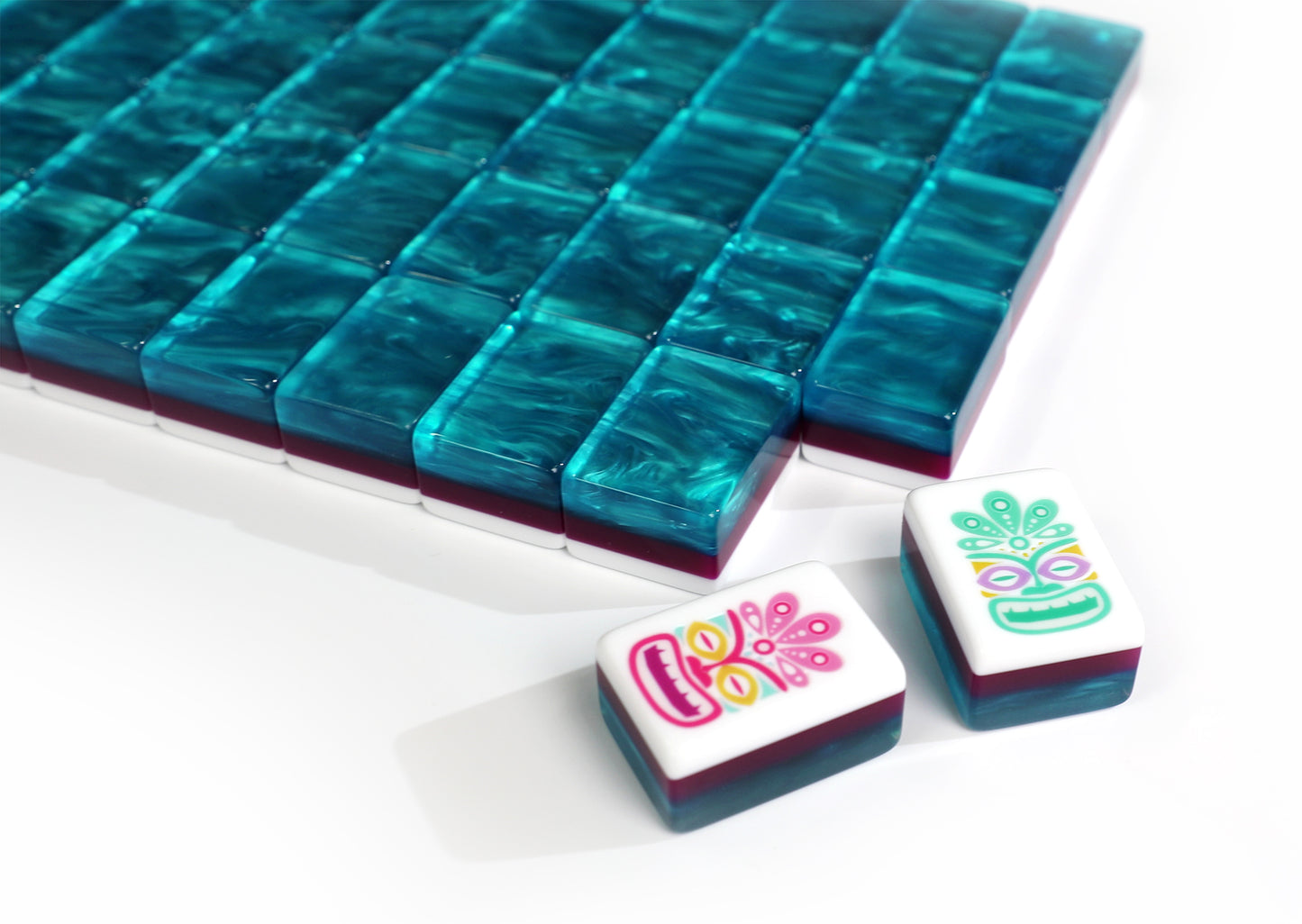 Tropical Flamingo American Mahjong Set 160 Tiles, 3-Layer Turquoise Marbled Resin Mah Jongg with Hawaiian Tiki, Seahorse & Coral Custom Illustrated Tiles
