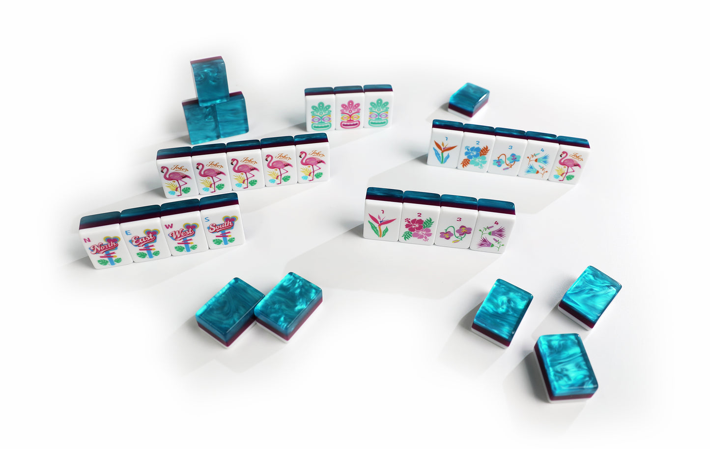 Tropical Flamingo American Mahjong Set 160 Tiles, 3-Layer Turquoise Marbled Resin Mah Jongg with Hawaiian Tiki, Seahorse & Coral Custom Illustrated Tiles