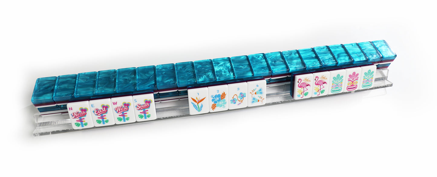 Tropical Flamingo American Mahjong Set 160 Tiles, 3-Layer Turquoise Marbled Resin Mah Jongg with Hawaiian Tiki, Seahorse & Coral Custom Illustrated Tiles