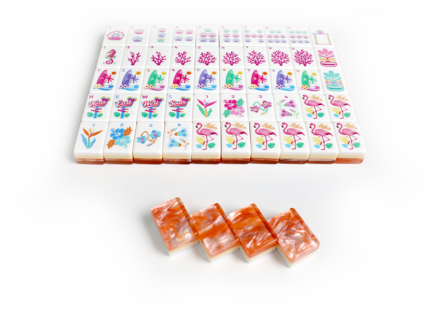 Tropical Flamingo Hawaiian American Mahjong Set 160 Tiles, 3-Layer Orange Swirl Acrylic Mah Jongg with Beach, Seahorse & Coral Illustrated Tiles