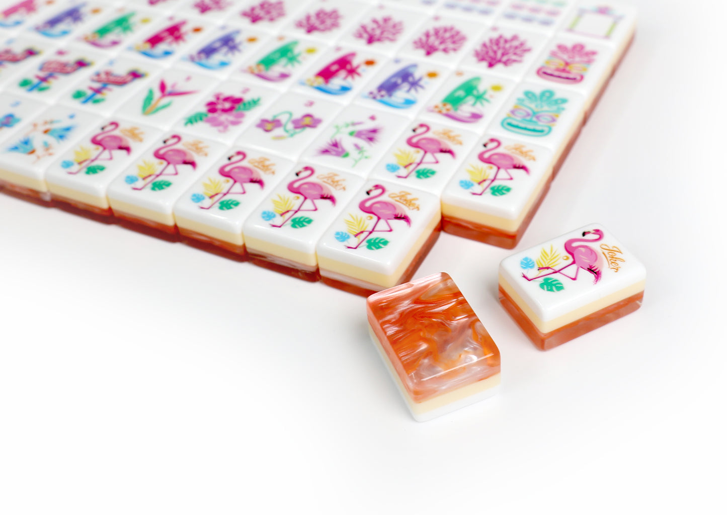 Tropical Flamingo Hawaiian American Mahjong Set 160 Tiles, 3-Layer Orange Swirl Acrylic Mah Jongg with Beach, Seahorse & Coral Illustrated Tiles
