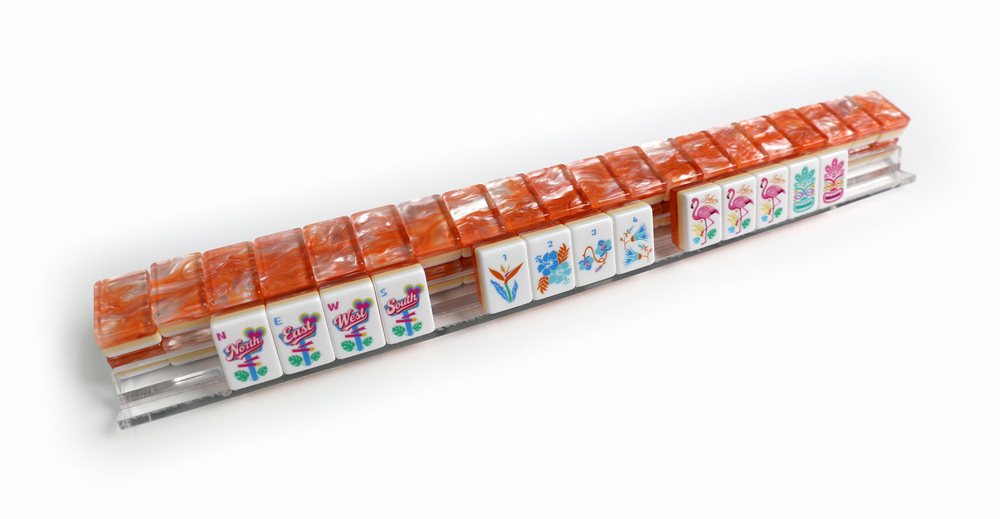 Tropical Flamingo Hawaiian American Mahjong Set 160 Tiles, 3-Layer Orange Swirl Acrylic Mah Jongg with Beach, Seahorse & Coral Illustrated Tiles