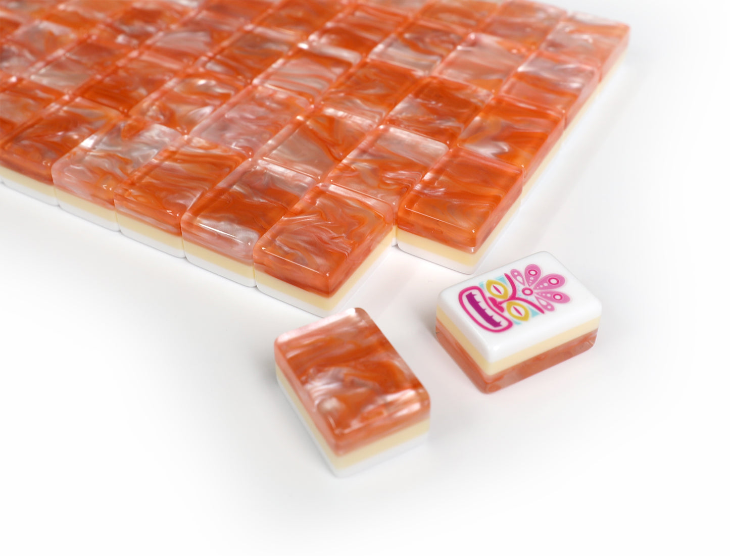Tropical Flamingo Hawaiian American Mahjong Set 160 Tiles, 3-Layer Orange Swirl Acrylic Mah Jongg with Beach, Seahorse & Coral Illustrated Tiles