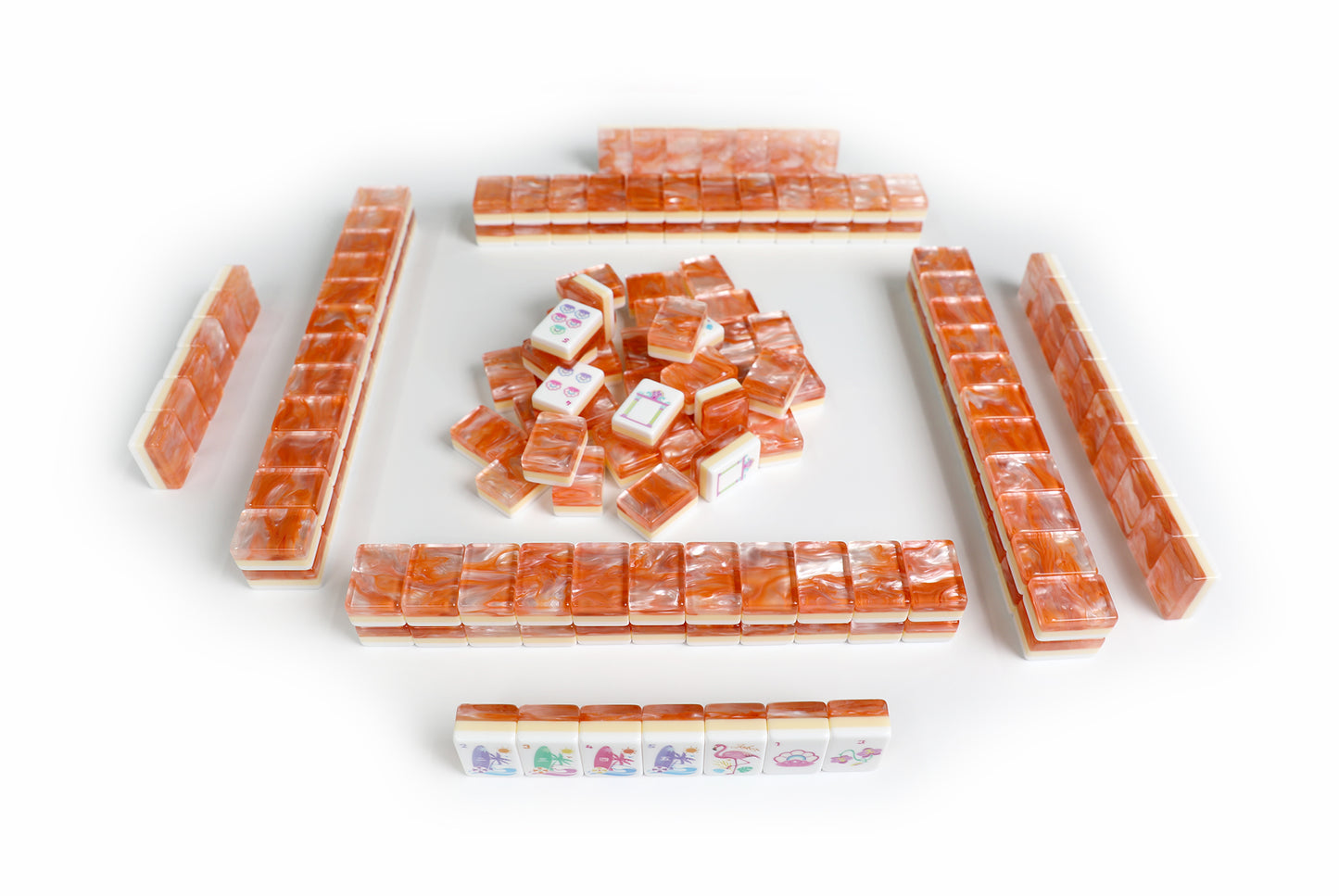 Tropical Flamingo Hawaiian American Mahjong Set 160 Tiles, 3-Layer Orange Swirl Acrylic Mah Jongg with Beach, Seahorse & Coral Illustrated Tiles