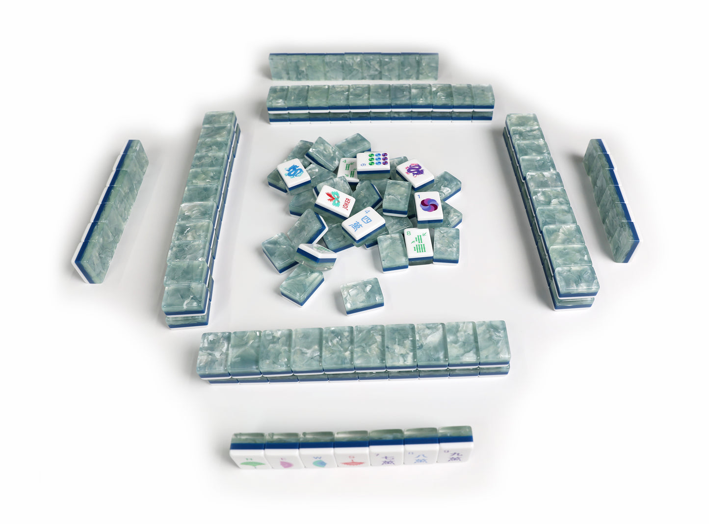 Jade Green Chinese Style American Mahjong Set 160 Tiles, 3-Layer Pearl Marbled Acrylic Mah Jongg with Phoenix, Dragon & 8 Auspicious Symbols Joker Tiles