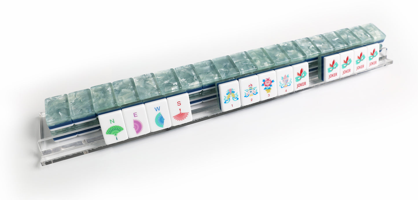 Jade Green Chinese Style American Mahjong Set 160 Tiles, 3-Layer Pearl Marbled Acrylic Mah Jongg with Phoenix, Dragon & 8 Auspicious Symbols Joker Tiles