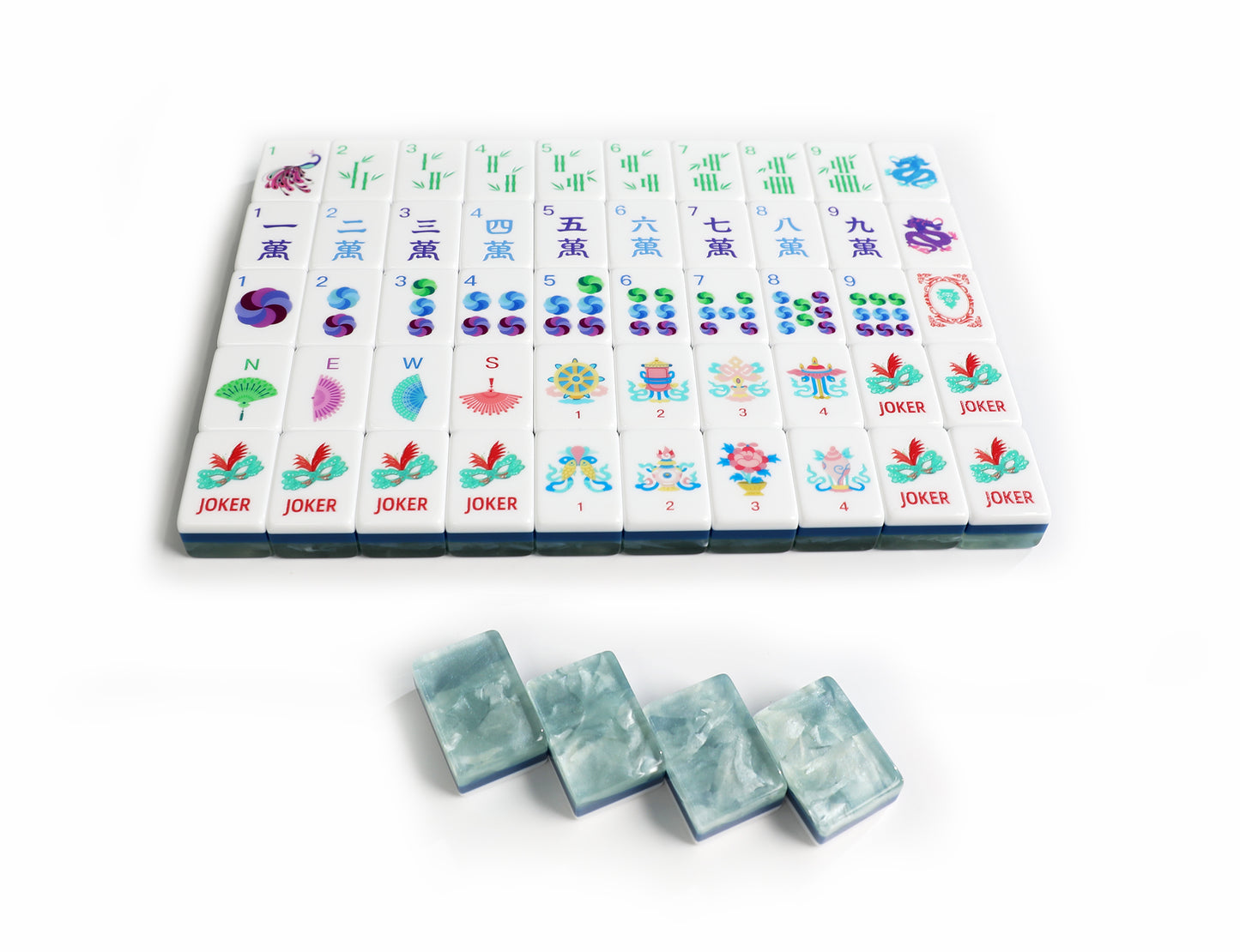 Jade Green Chinese Style American Mahjong Set 160 Tiles, 3-Layer Pearl Marbled Acrylic Mah Jongg with Phoenix, Dragon & 8 Auspicious Symbols Joker Tiles