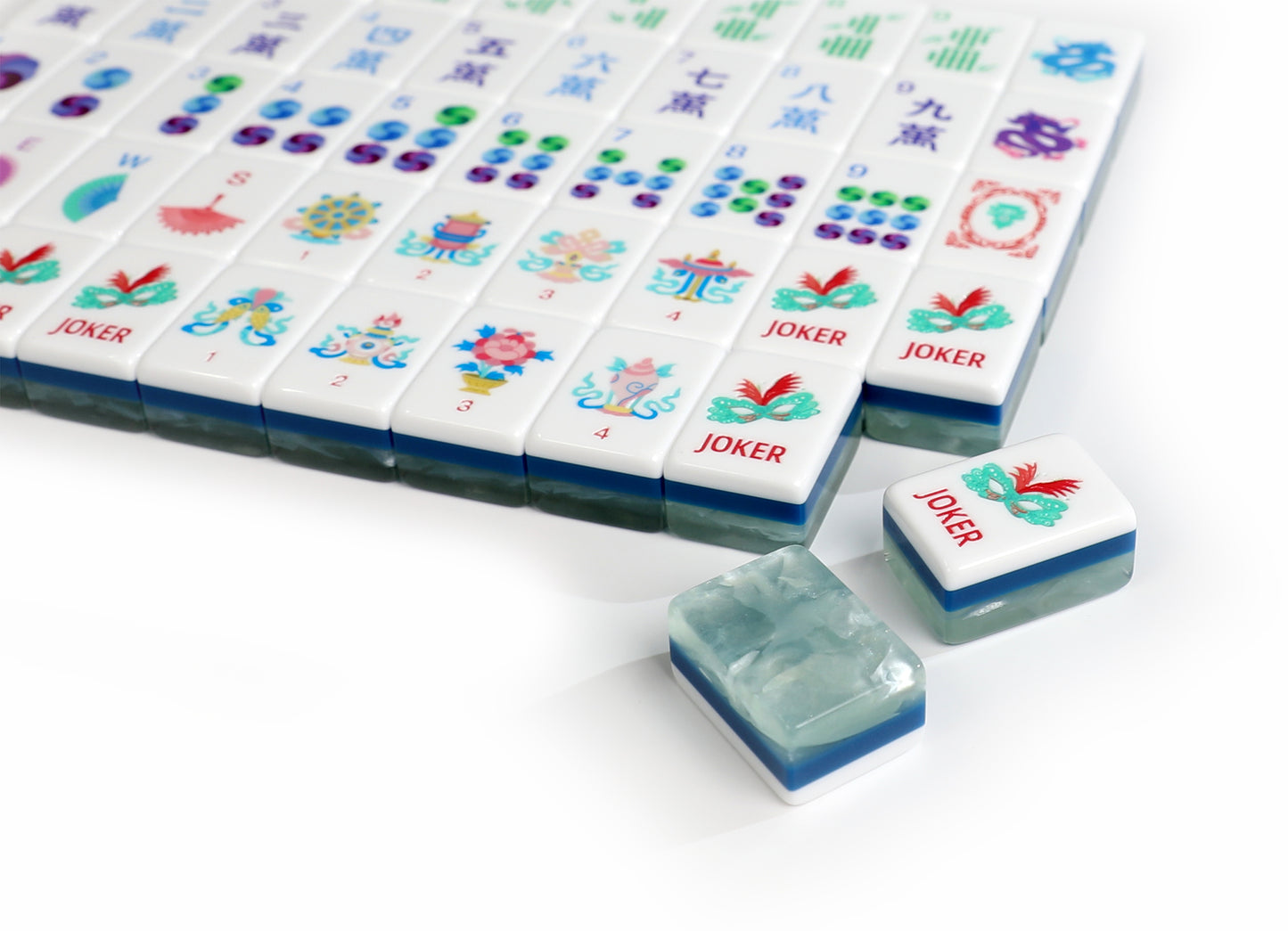 Jade Green Chinese Style American Mahjong Set 160 Tiles, 3-Layer Pearl Marbled Acrylic Mah Jongg with Phoenix, Dragon & 8 Auspicious Symbols Joker Tiles