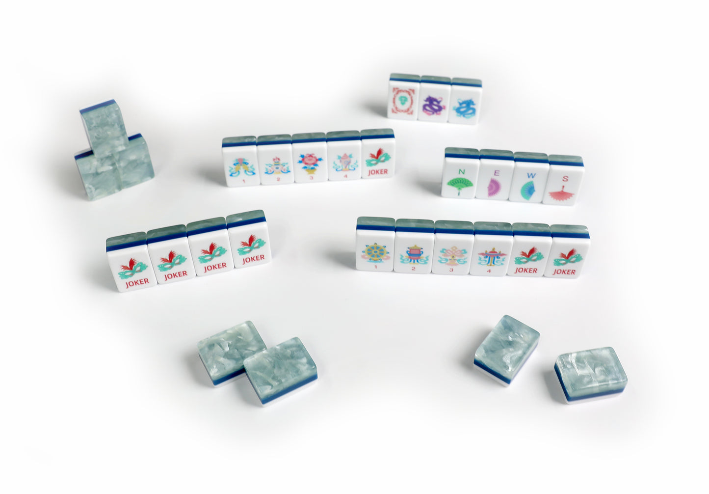 Jade Green Chinese Style American Mahjong Set 160 Tiles, 3-Layer Pearl Marbled Acrylic Mah Jongg with Phoenix, Dragon & 8 Auspicious Symbols Joker Tiles