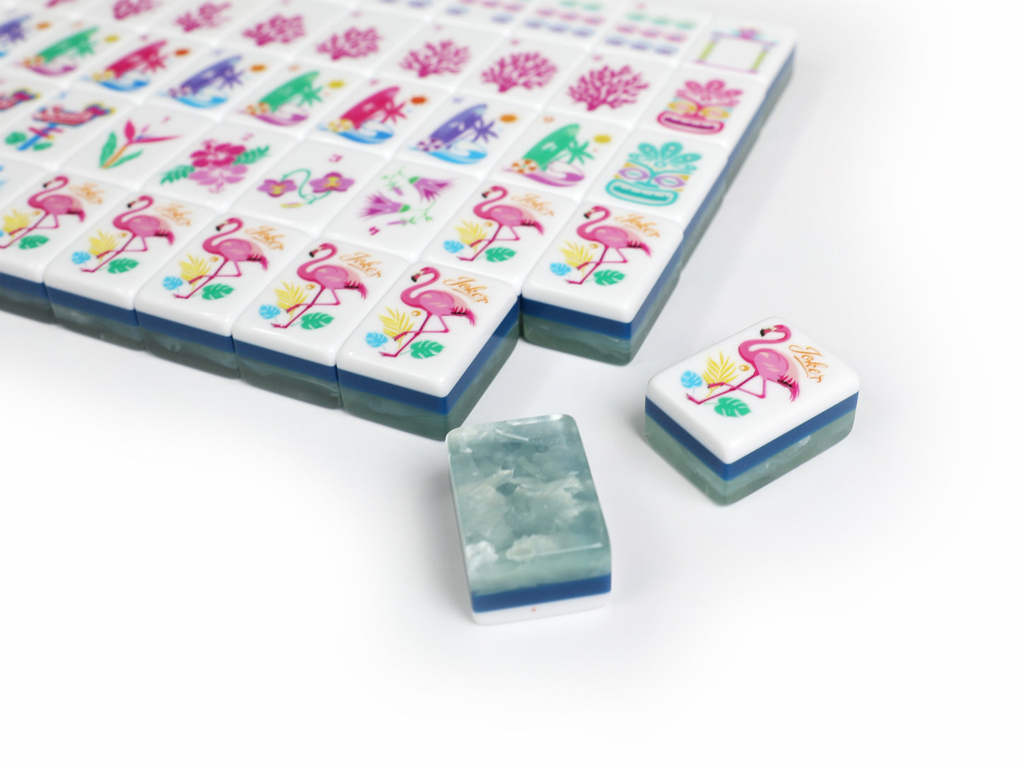 Tropical Flamingo Hawaiian American Mahjong Set 160 Tiles, 3-Layer Pearl Marbled Acrylic Mah Jongg with Surfboard, Coral & Tiki Mask Joker Tiles