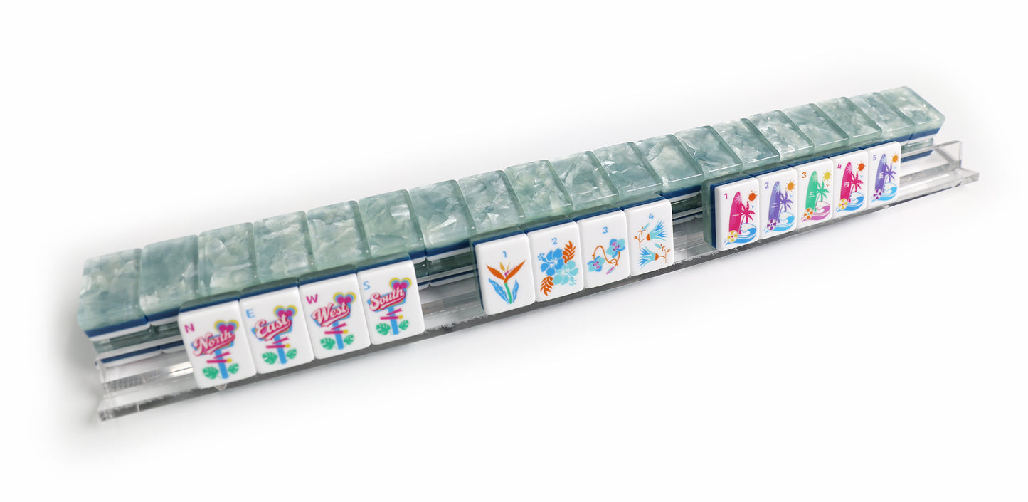 Tropical Flamingo Hawaiian American Mahjong Set 160 Tiles, 3-Layer Pearl Marbled Acrylic Mah Jongg with Surfboard, Coral & Tiki Mask Joker Tiles