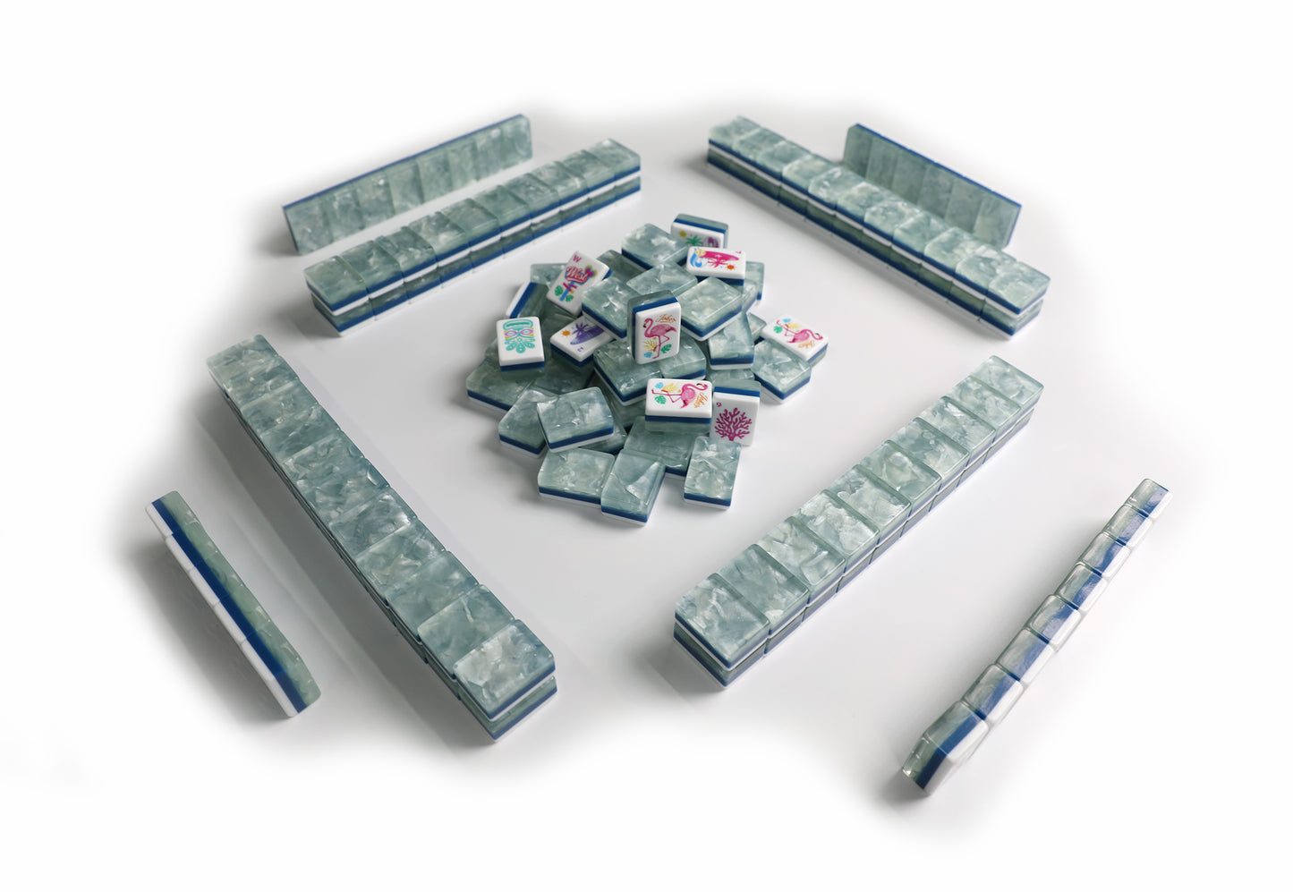 Tropical Flamingo Hawaiian American Mahjong Set 160 Tiles, 3-Layer Pearl Marbled Acrylic Mah Jongg with Surfboard, Coral & Tiki Mask Joker Tiles