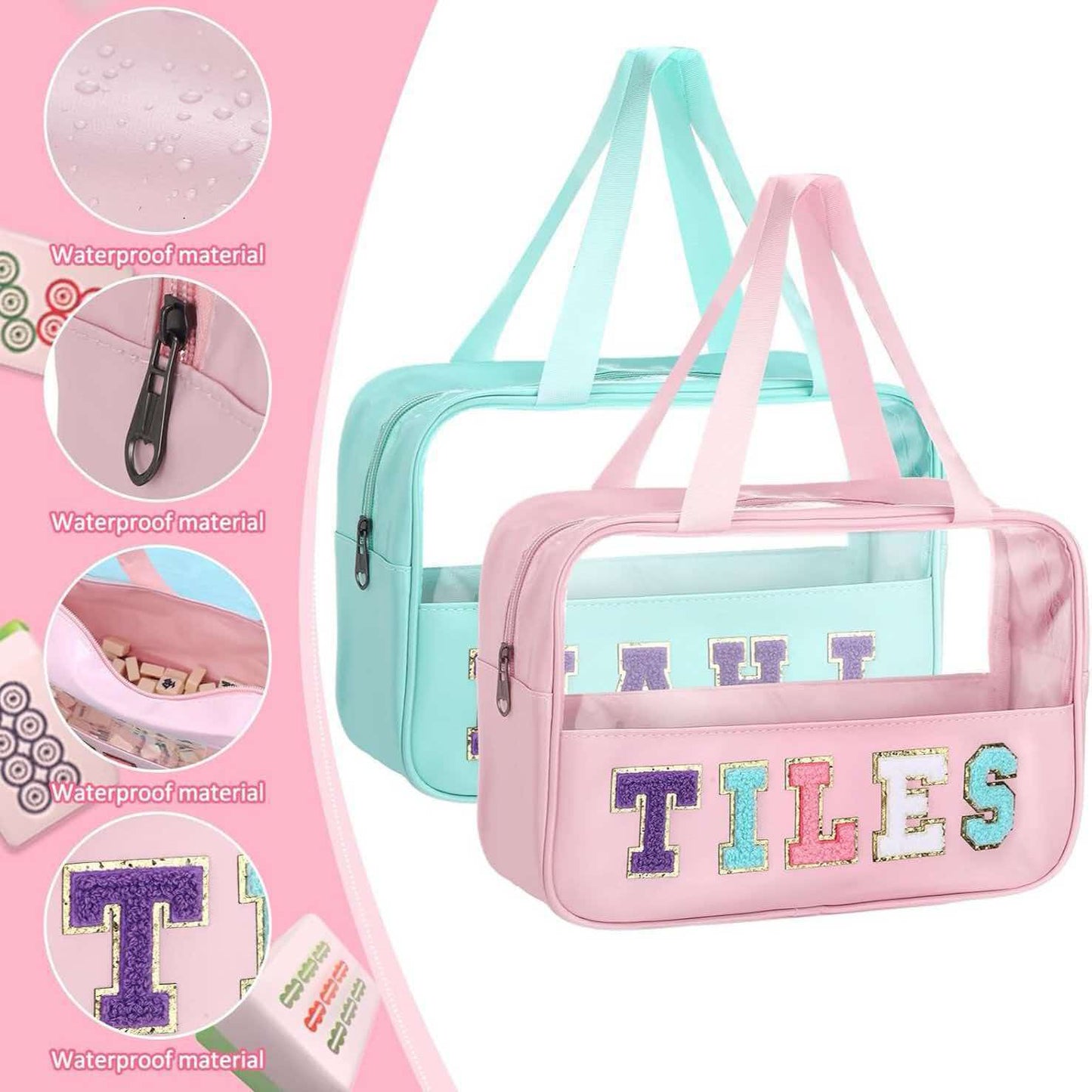 Cute Preppy Mahjong Tiles Bag, Waterproof Clear Top Mah Jongg Carry Tote, Portable American Mahjong Set Storage Case, Perfect Gift for Mahjong Players