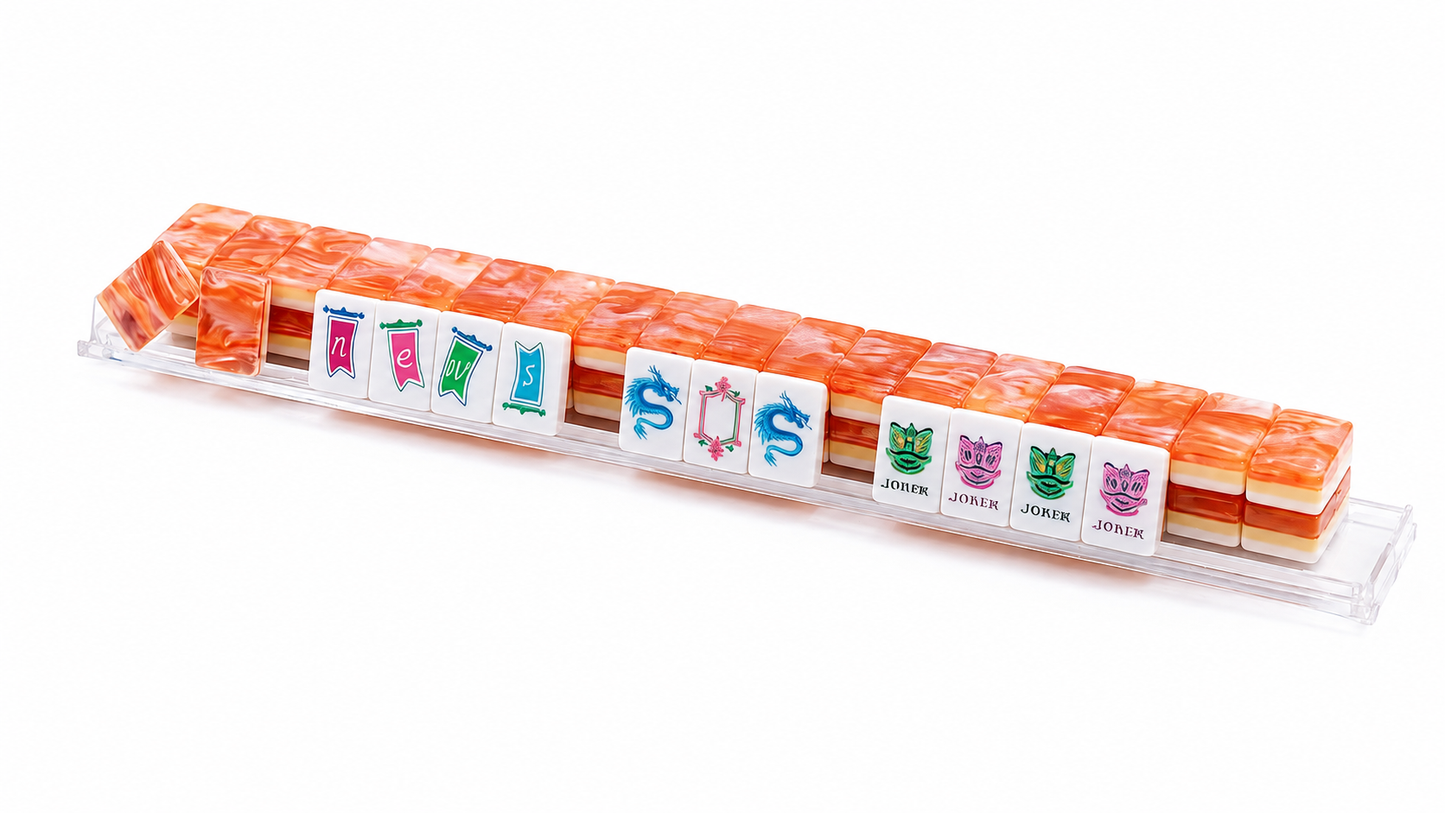 Chinese Lion Dance American Mahjong Set 160 Tiles, 3-Layer Orange Swirl Resin Mah Jongg with Dragon & Lotus Custom Illustrated Tiles
