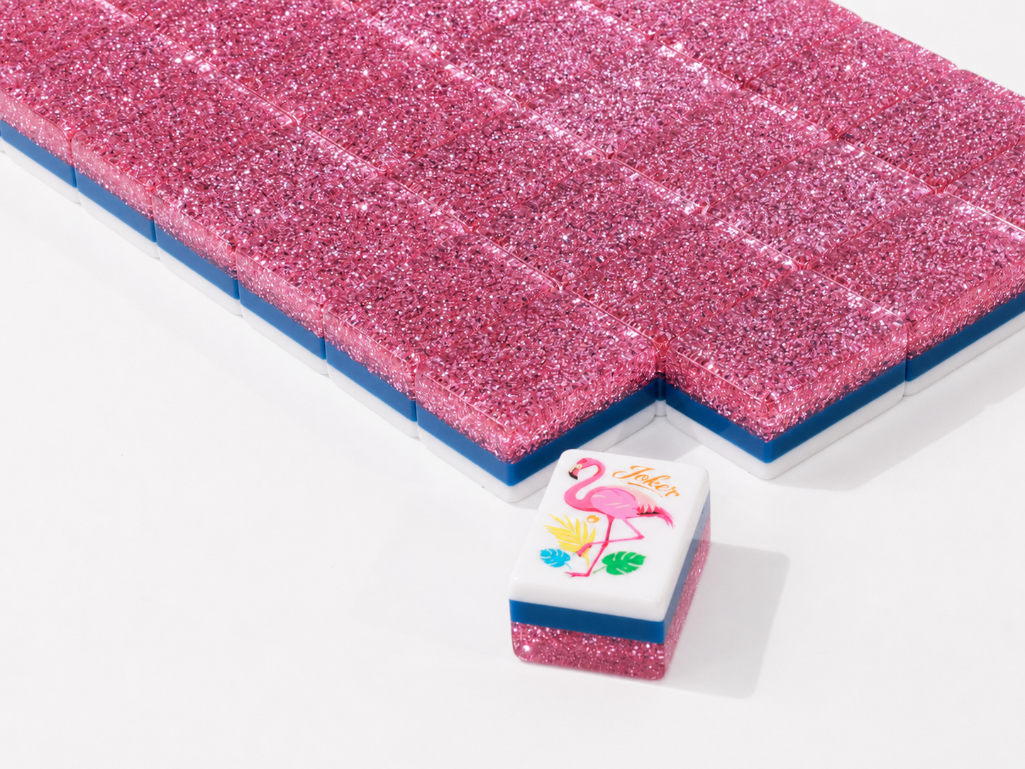 Pink Glitter Tropical Flamingo American Mahjong Set 160 Tiles 32mm, Original Hawaiian Beach Custom Illustrated Mah Jongg Tiles Luxury Resin Game Set