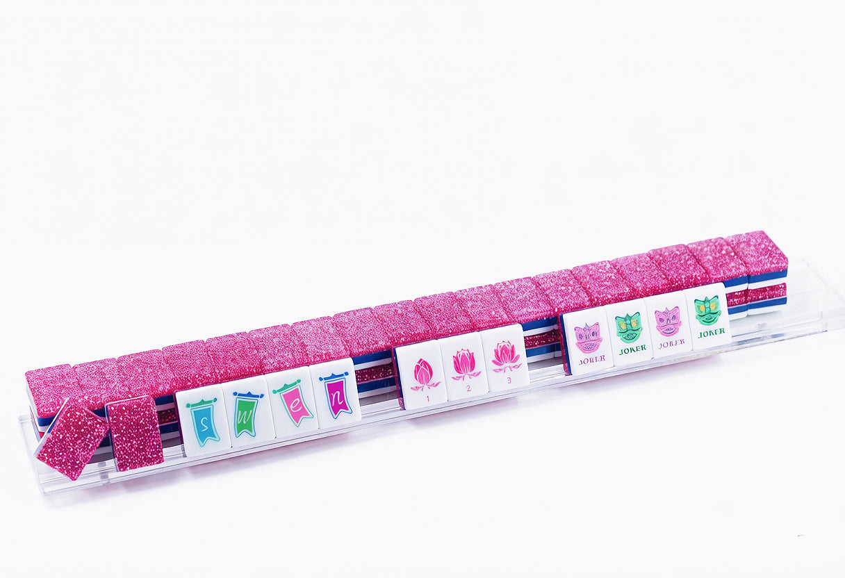 Pink Glitter American Mahjong Set 160 Tiles 32mm | Original Custom Illustrated Mah Jongg Tiles, Lotus & Dragon Pattern Luxury Resin Mahjong Game Set