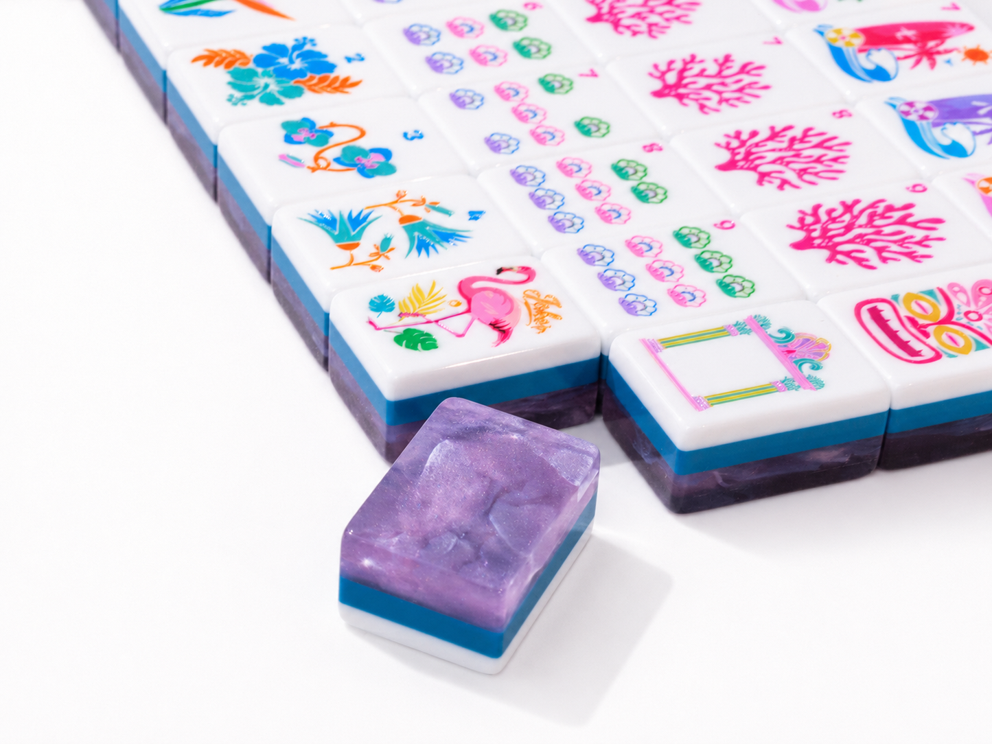 Purple Marbled American Mahjong Set 160 Tiles 32mm Large Size Tropical Flamingo Hawaiian Hand Painted Mah Jongg Game Set for Party Home Play