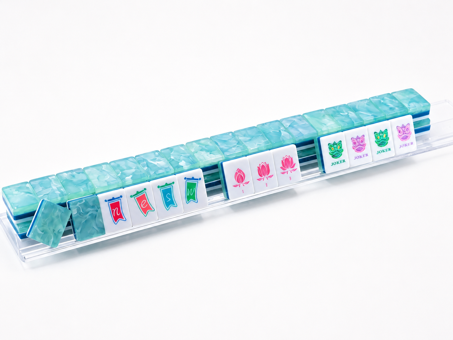 Chinese Dragon Mint Green American Mahjong Set 160 Tiles, 3-Layer Pearl Swirl Acrylic Mah Jongg with Peacock, Lotus & Traditional Face Joker Tiles
