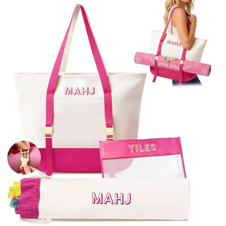 Fashion 3-Piece American Mahjong Bag Set | Large Canvas Mahjong Tote with External Mat Buckle Strap, Clear Tile Storage Pouch & Racks Holder Bag, Multi Trendy Colors, Portable Mahjong Travel Kit