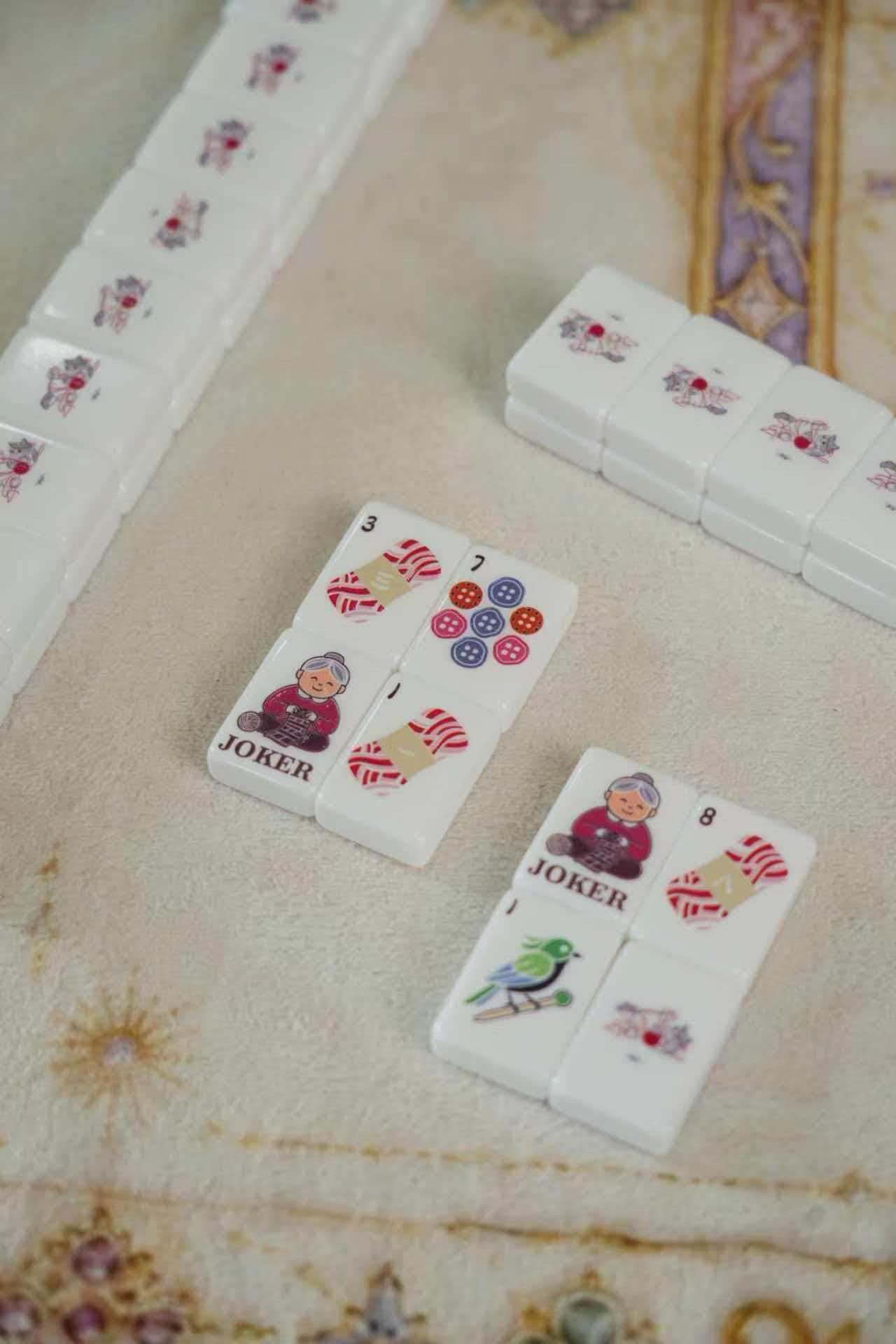 Cute American Mahjong Set - joker tiles featuring grandmother and bird illustrations