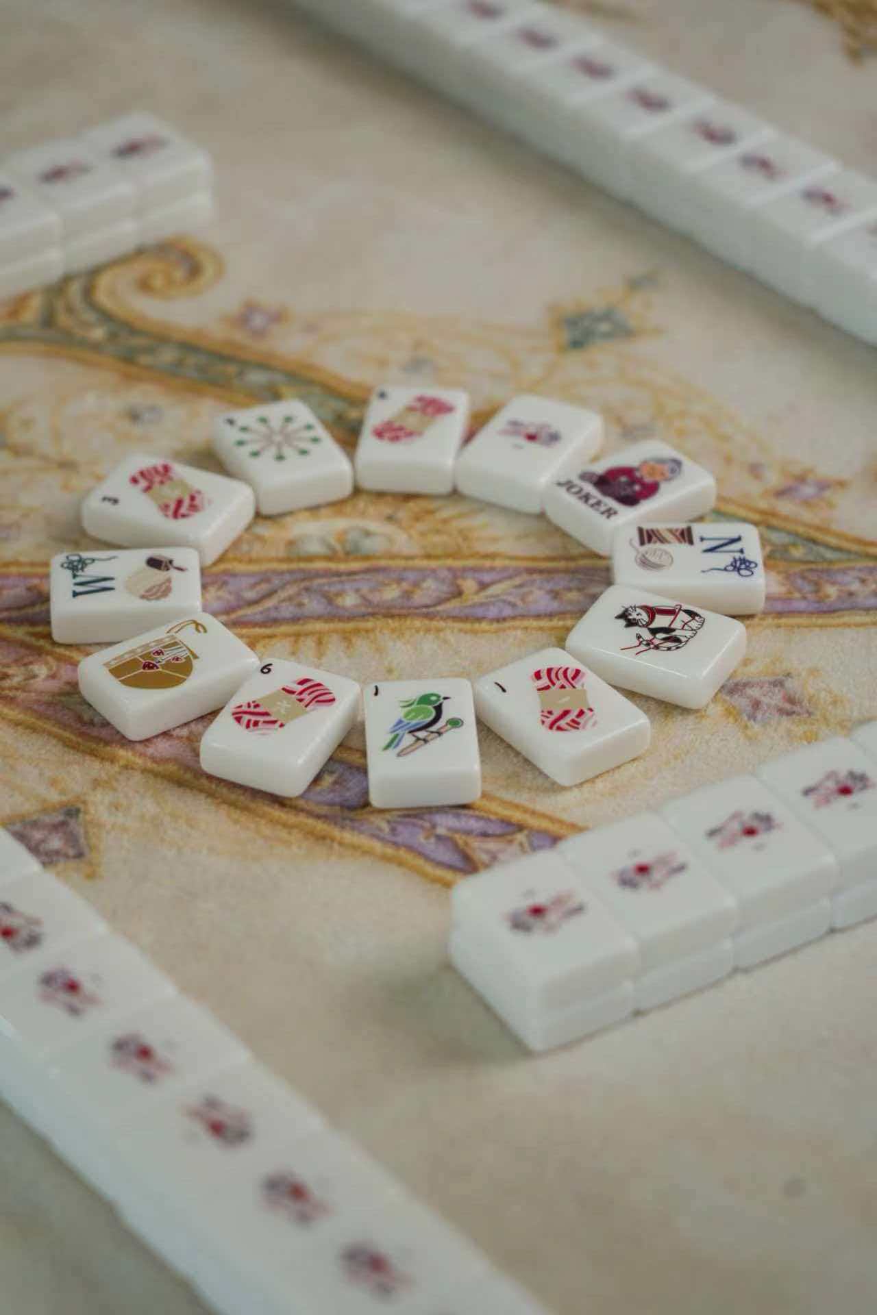 Cute American Mahjong Set - rack with dot and bam suit tiles angled view