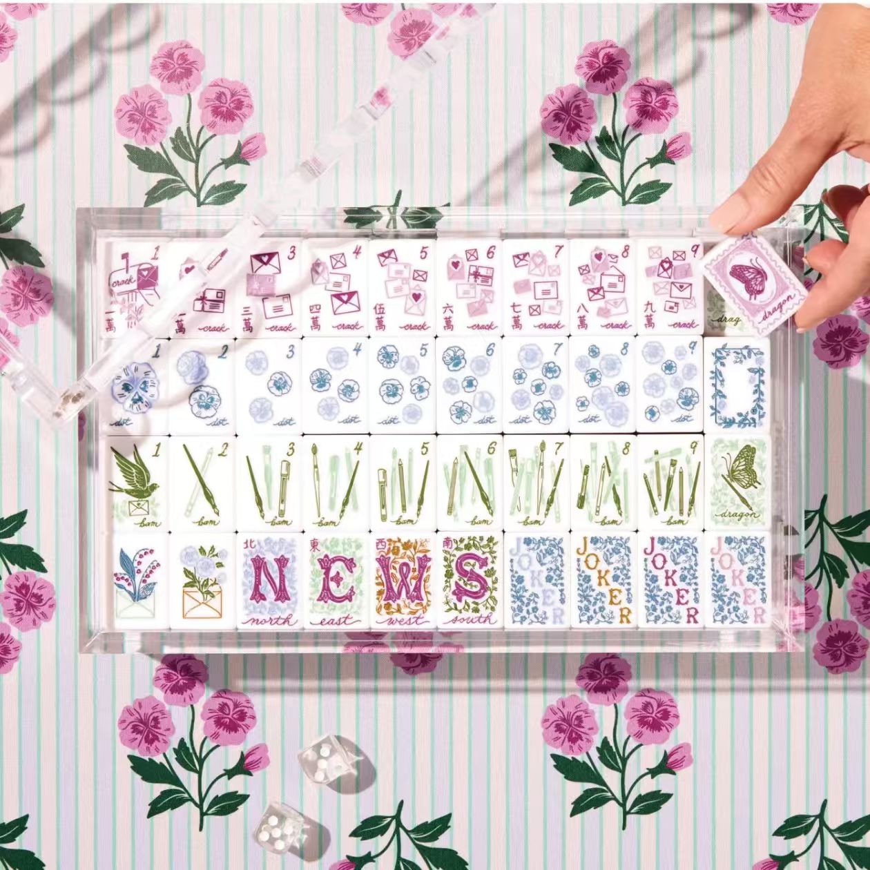 Floral Garden Mahjong Set - dot suit tiles 1-9 showing blooming pansy flowers in soft blue grey tones