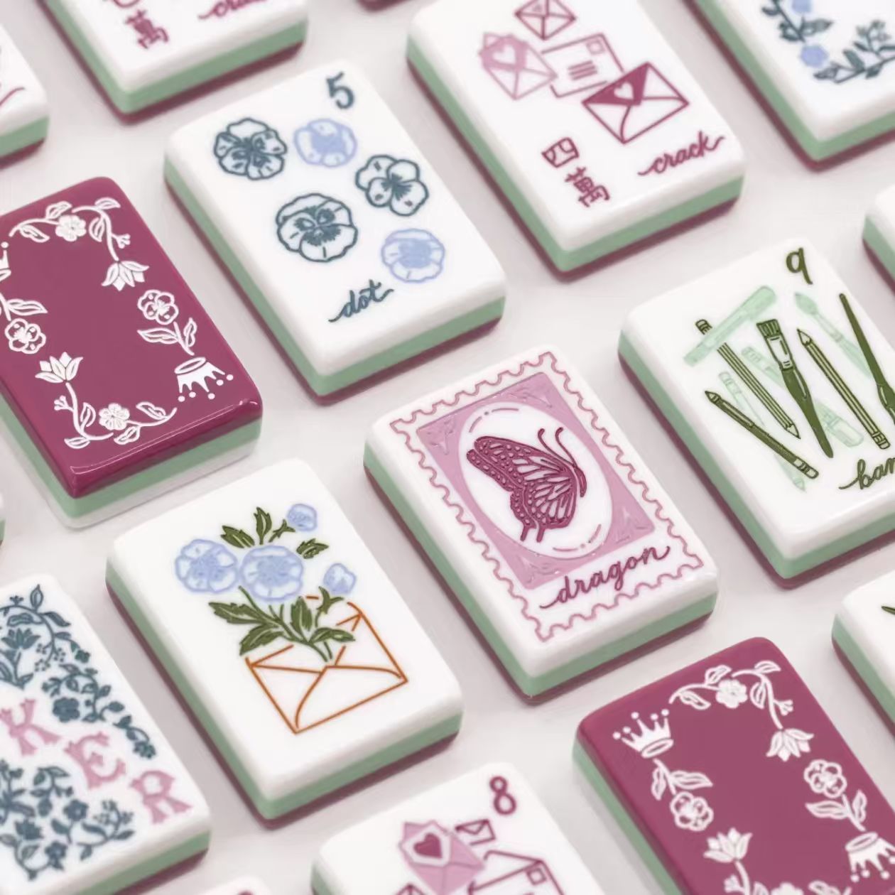 Floral Garden Mahjong Set - crack suit tiles 1-9 showing love letter envelopes and butterfly postage stamp dragon