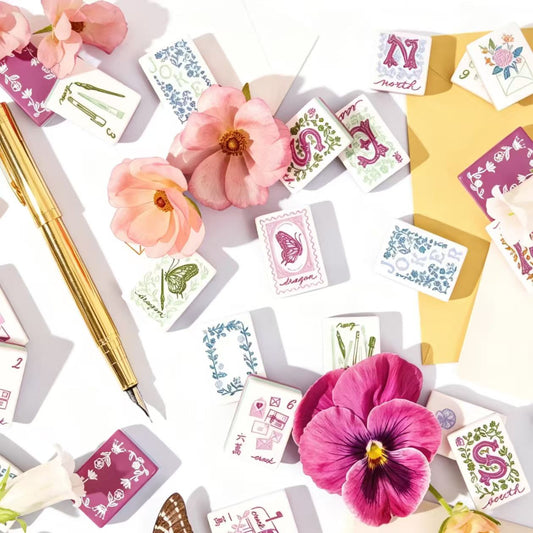 Floral Garden Mahjong Set - wind tiles N E W S with ornate Victorian letters on blue sage gold and green floral backgrounds