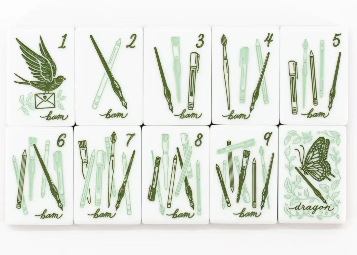 Floral Garden Mahjong Set - full 160 tile set in clear acrylic case showing all suits crack dot bam wind joker on floral background