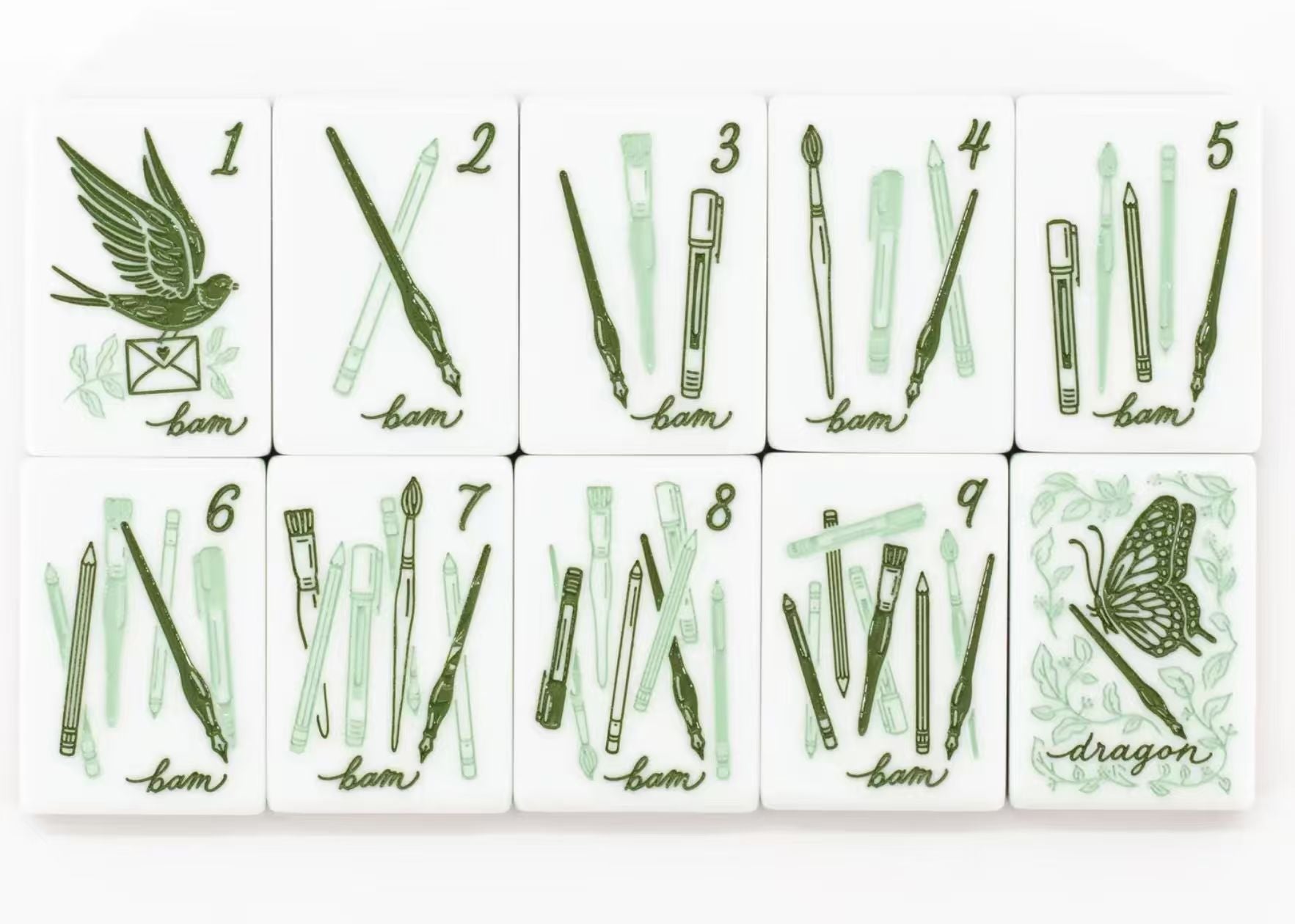 Floral Garden Mahjong Set - full 160 tile set in clear acrylic case showing all suits crack dot bam wind joker on floral background
