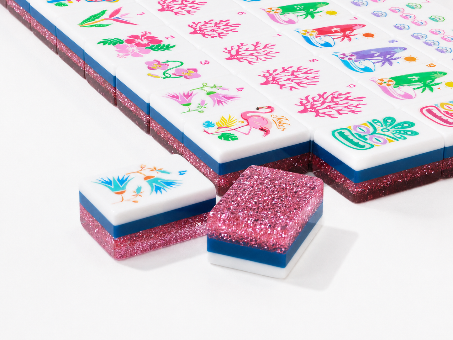 Pink Glitter Tropical Flamingo American Mahjong Set 160 Tiles 32mm, Original Hawaiian Beach Custom Illustrated Mah Jongg Tiles Luxury Resin Game Set