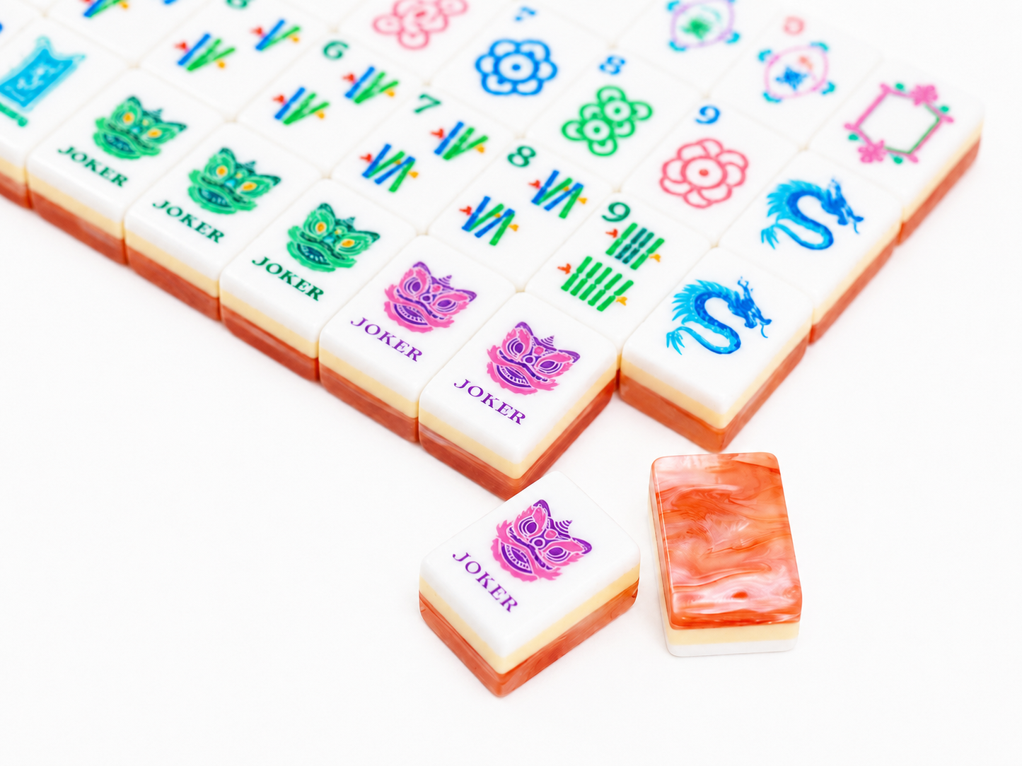 Chinese Lion Dance American Mahjong Set 160 Tiles, 3-Layer Orange Swirl Resin Mah Jongg with Dragon & Lotus Custom Illustrated Tiles