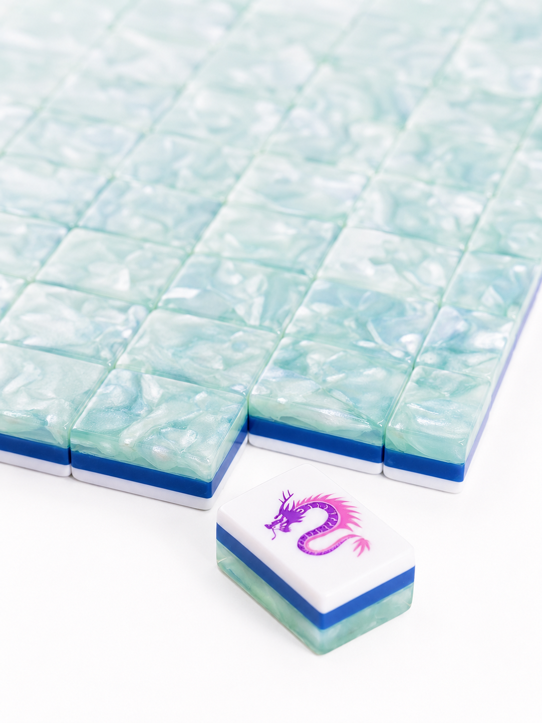 Chinese Dragon Mint Green American Mahjong Set 160 Tiles, 3-Layer Pearl Swirl Acrylic Mah Jongg with Peacock, Lotus & Traditional Face Joker Tiles