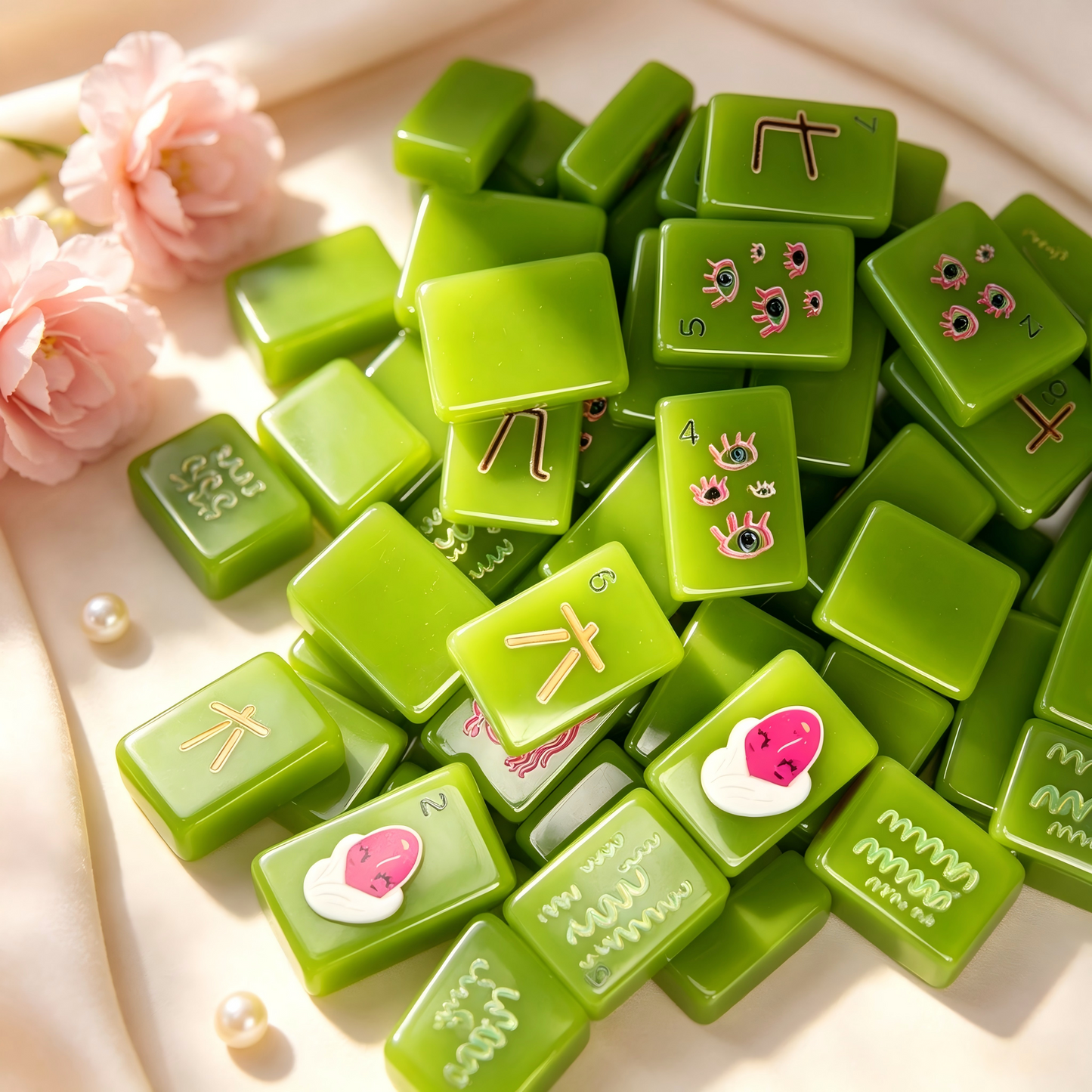 Original Jade Green Women Themed American Mahjong Set 160 Tiles | Elegant Green Acrylic Tiles, Hand-Drawn Female Character Art, US Warehouse Stock, Premium Tabletop Game Gift for Her