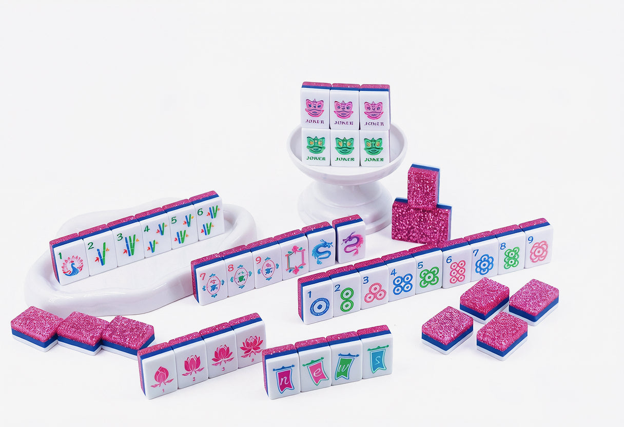 Pink Glitter American Mahjong Set 160 Tiles 32mm | Original Custom Illustrated Mah Jongg Tiles, Lotus & Dragon Pattern Luxury Resin Mahjong Game Set