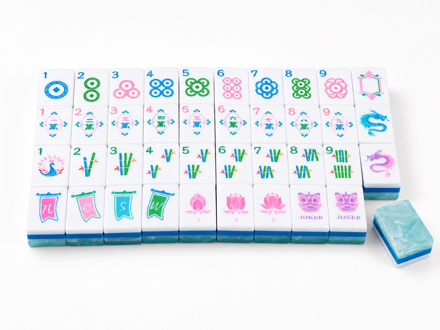 Chinese Dragon Mint Green American Mahjong Set 160 Tiles, 3-Layer Pearl Swirl Acrylic Mah Jongg with Peacock, Lotus & Traditional Face Joker Tiles