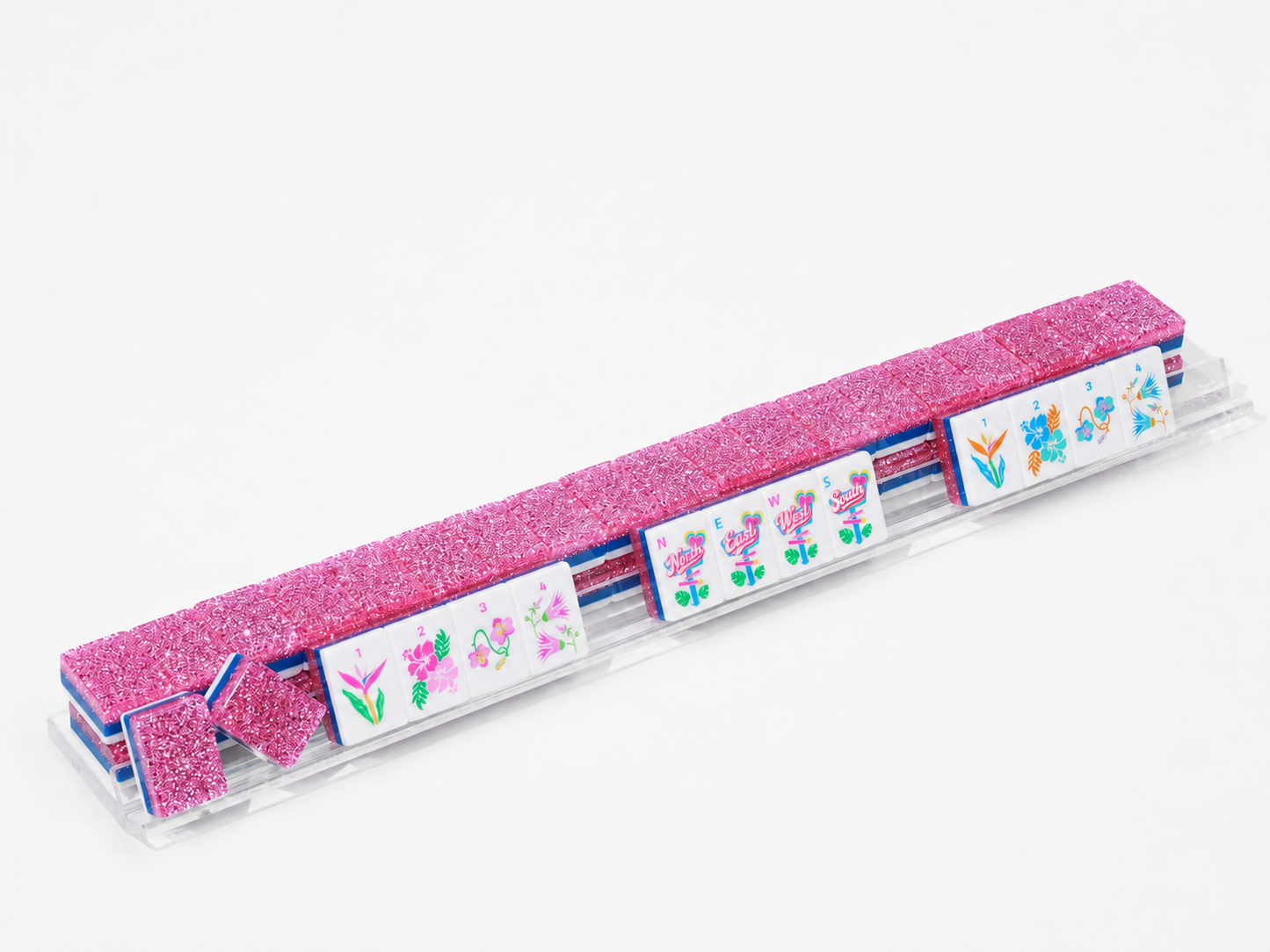 Pink Glitter Tropical Flamingo American Mahjong Set 160 Tiles 32mm, Original Hawaiian Beach Custom Illustrated Mah Jongg Tiles Luxury Resin Game Set